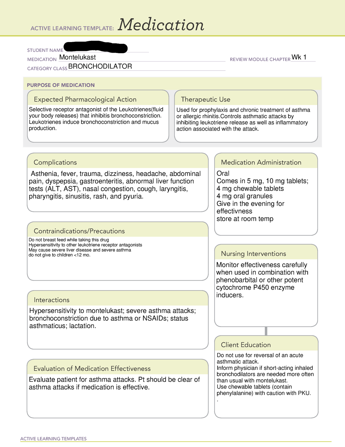 Montelukast med card ACTIVE LEARNING TEMPLATES Medication STUDENT