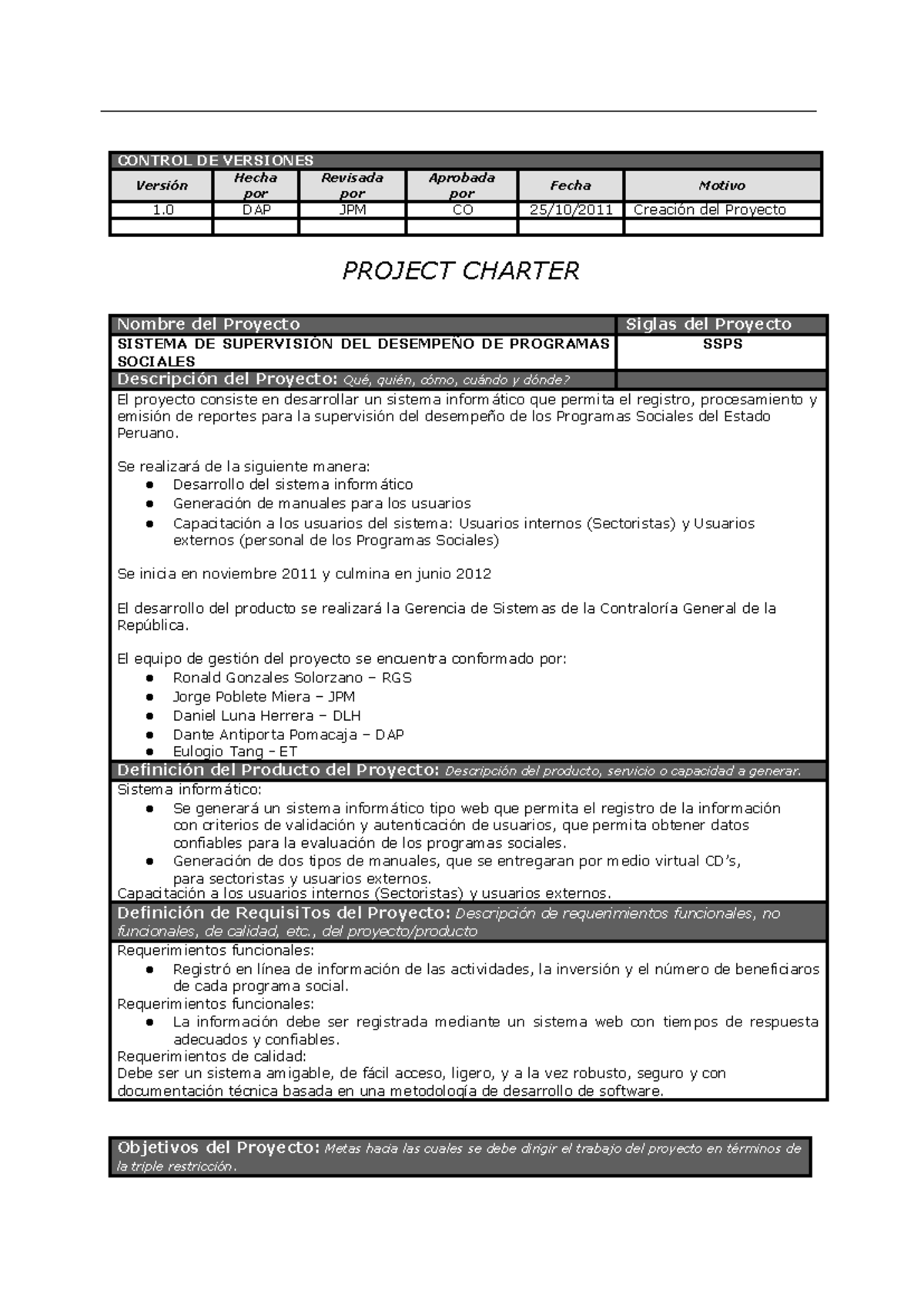 Ilide Project Charter CONTROL DE VERSIONES Versión Hecha por