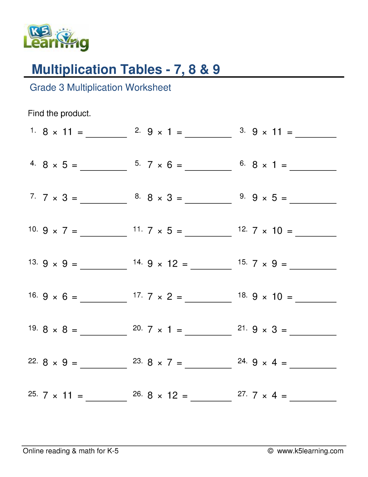 Multiplication table 7 8 9 e - Online reading & math for K-5 ...