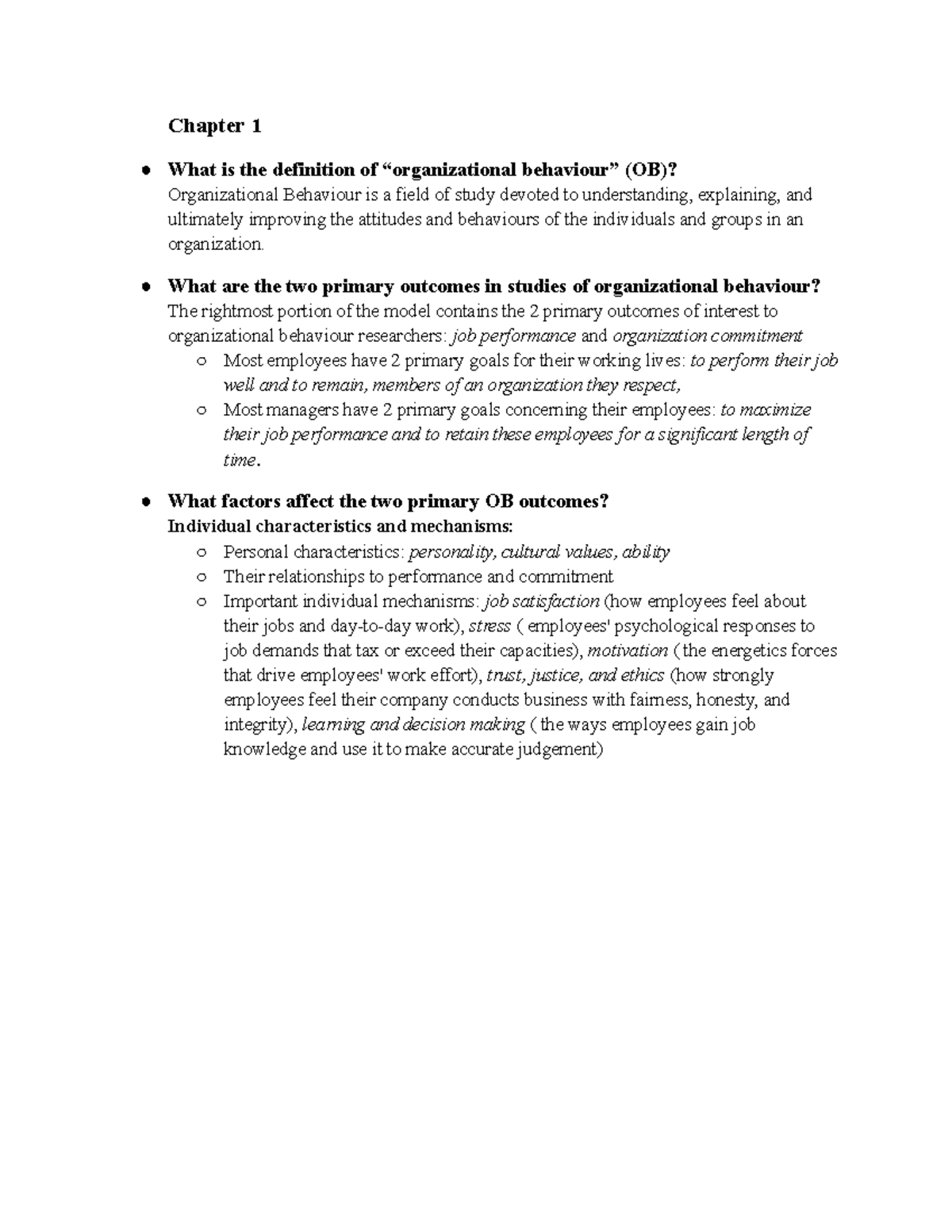 Ob Notes 1 - Chapter 1 What Is The Definition Of “organizational ...