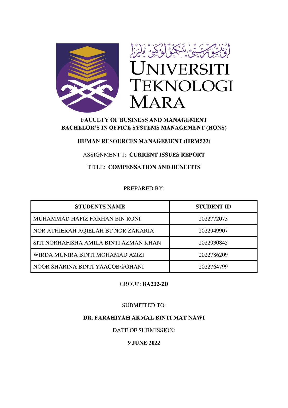 HRM533 Current Issue Report (BA232-2D) - FACULTY OF BUSINESS AND ...