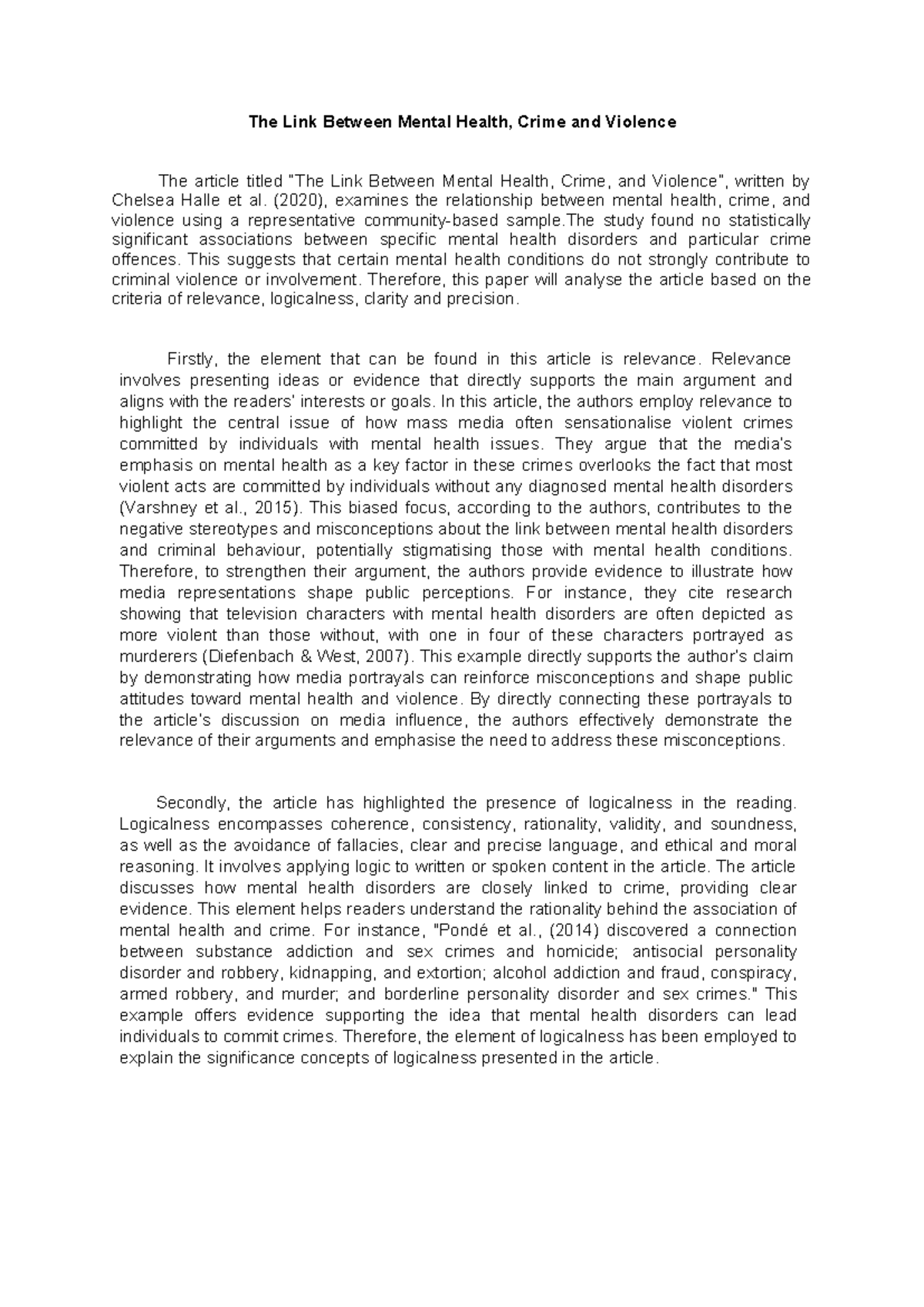 The Link Between Mental Health, Crime and Violence Final Draft - The ...