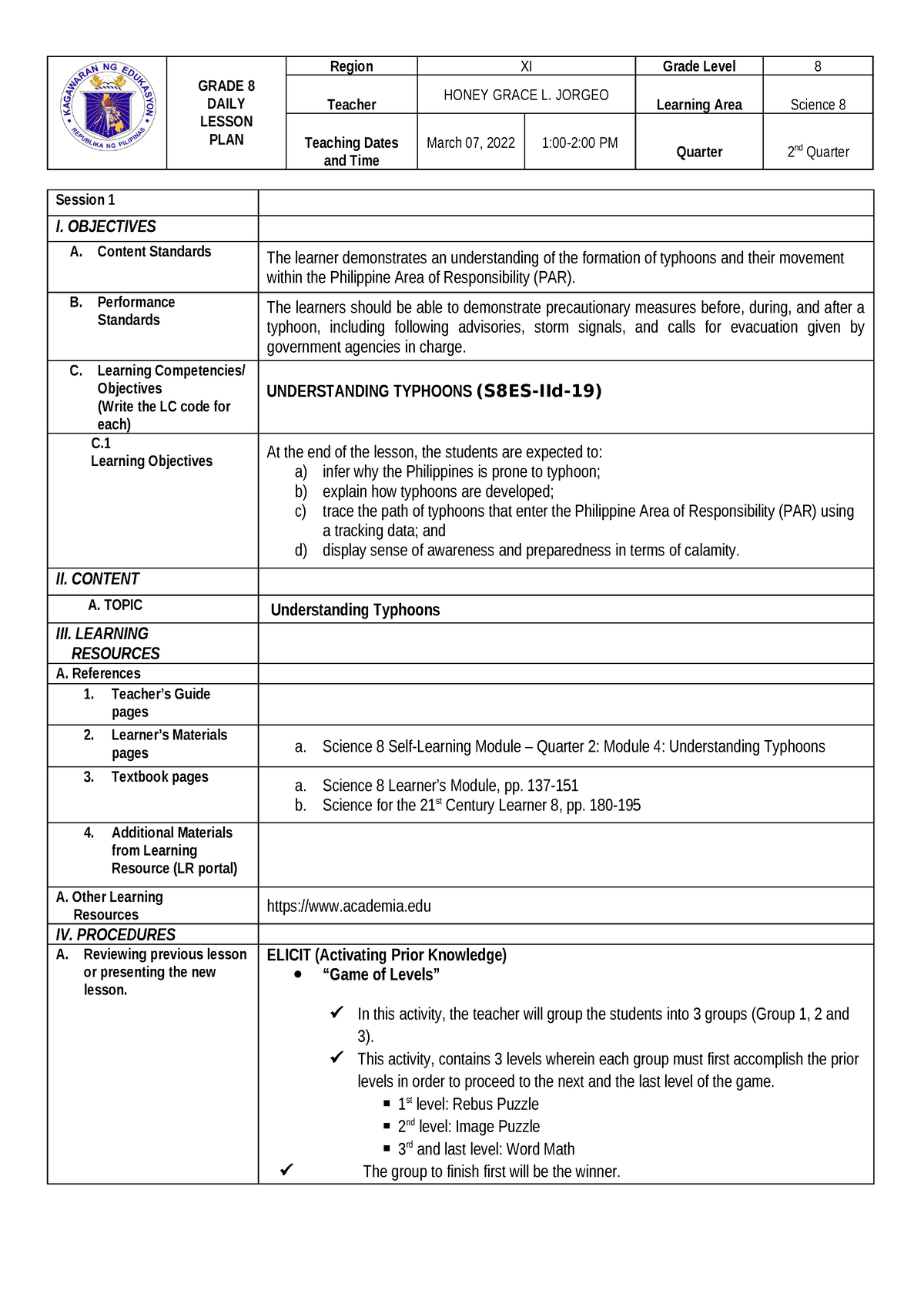 COT 2021 (Understanding Typhoon 2ND Quarter) - GRADE 8 DAILY LESSON ...