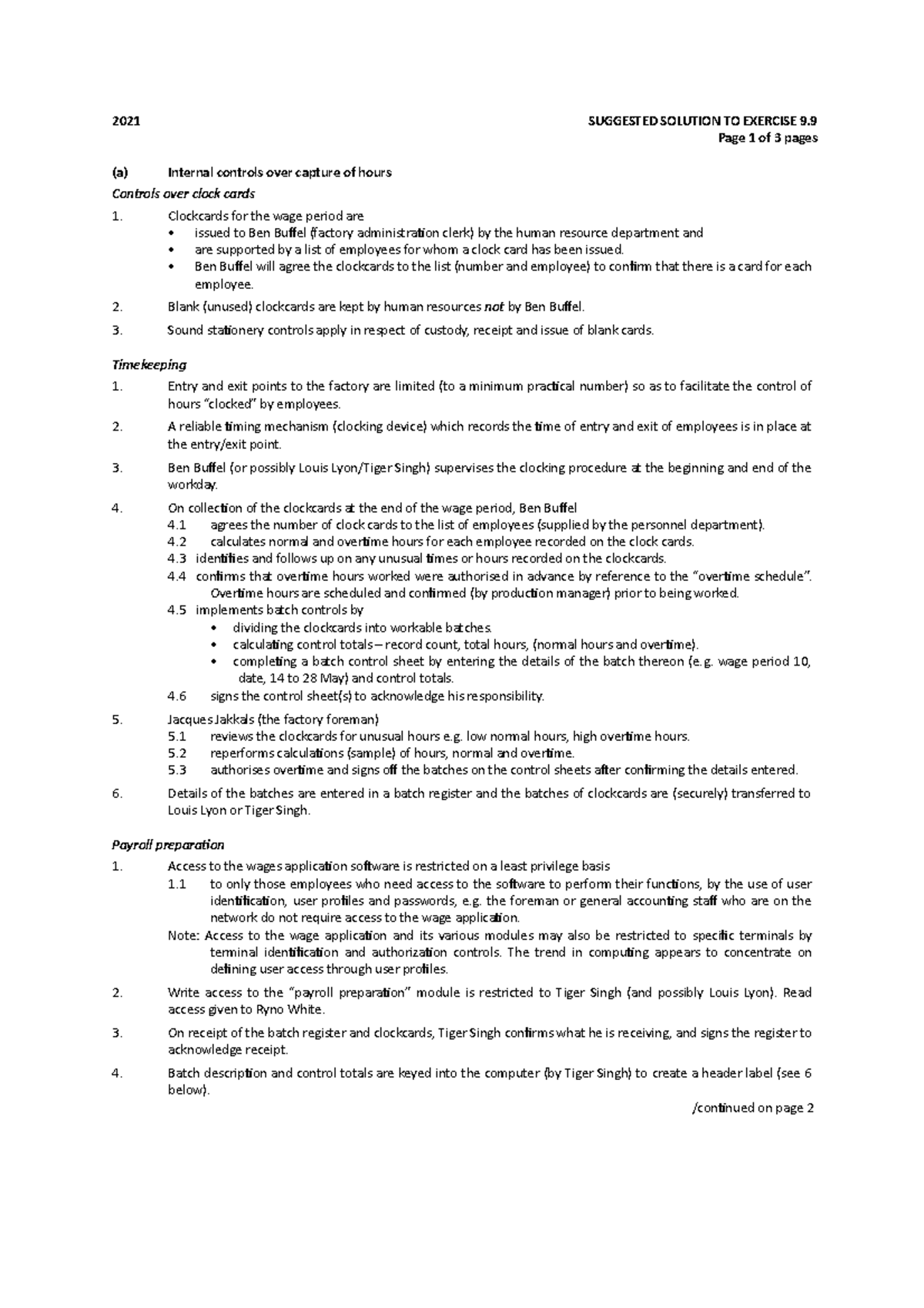 Payroll cycle- Application controls - 2021 SUGGESTED SOLUTION TO ...