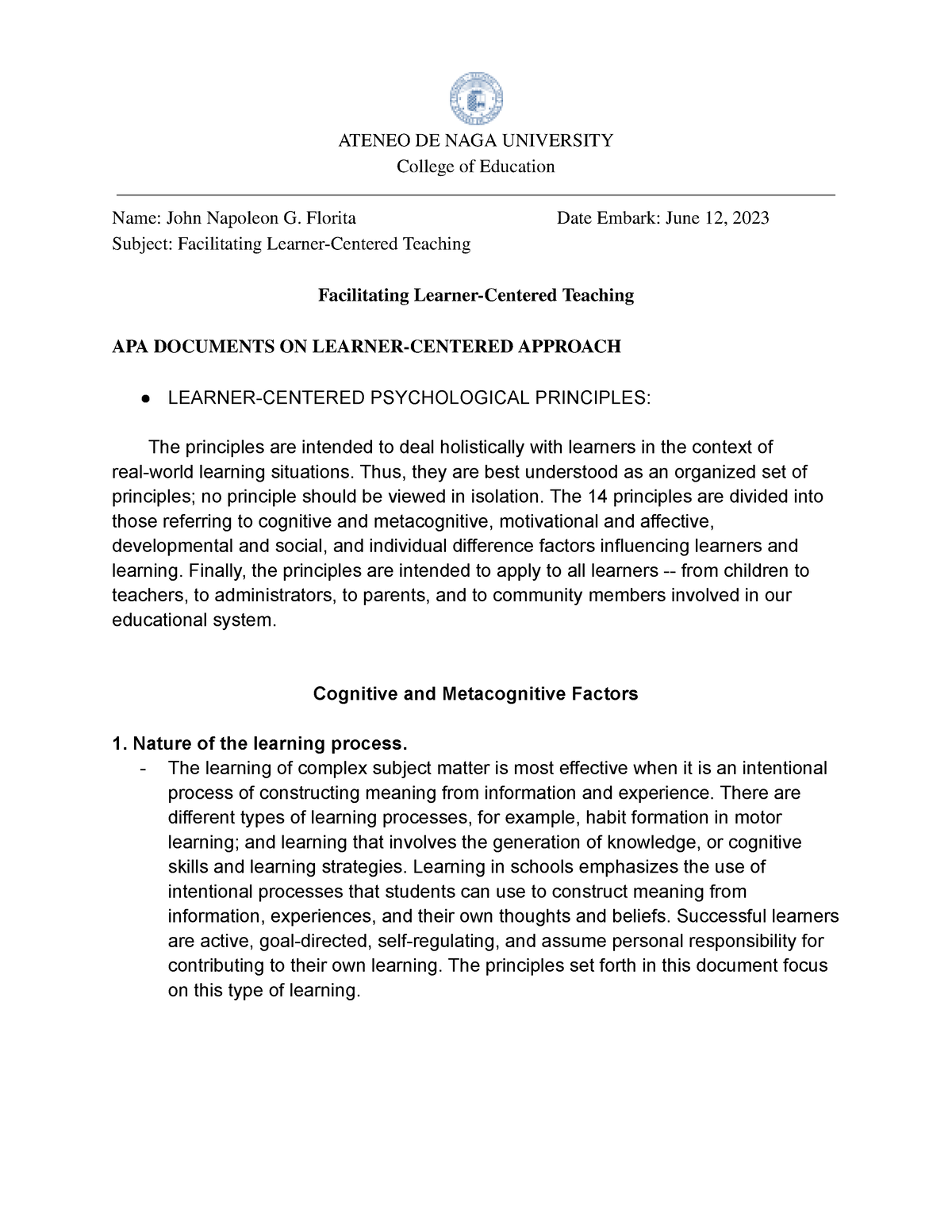 Facilitating Learner-Centered Teaching Notes - College Of Education ...