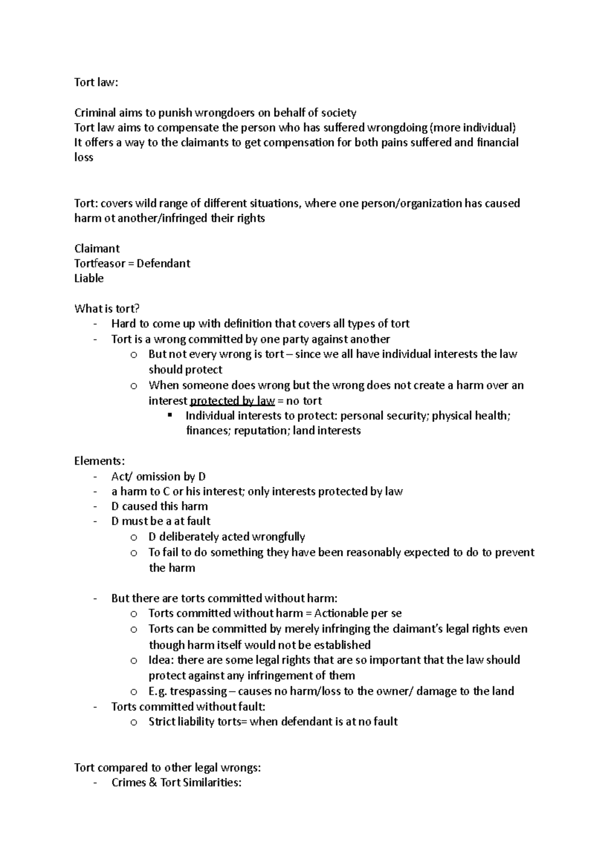 Tort law notes - tort law basics - Tort law: Criminal aims to punish ...