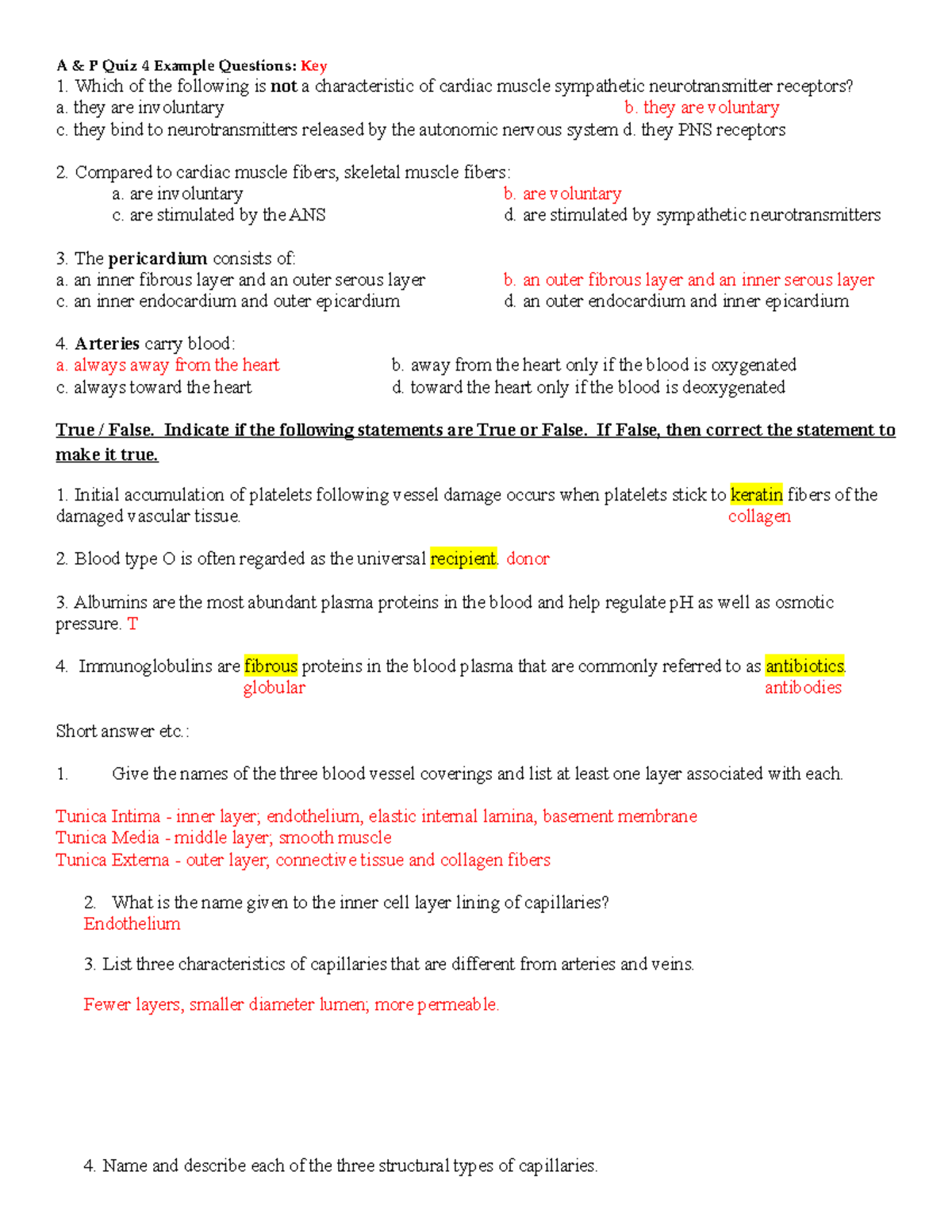 A and P Quiz 4 Example questions KEY - PQui z4Exampl eQues t i ons :Ke ...