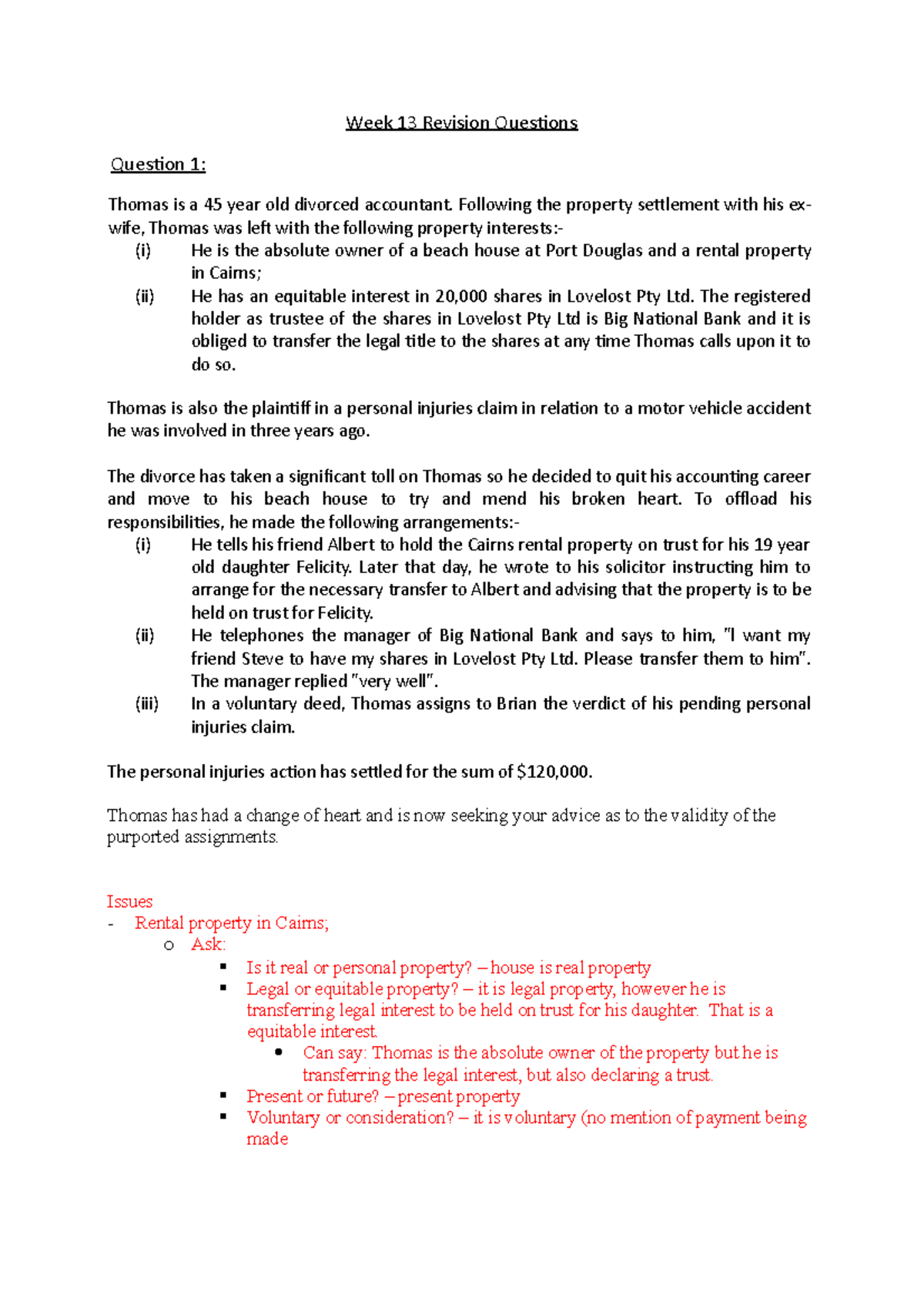 2022 Revision questions - Week 13 Revision Questions Question 1: Thomas ...