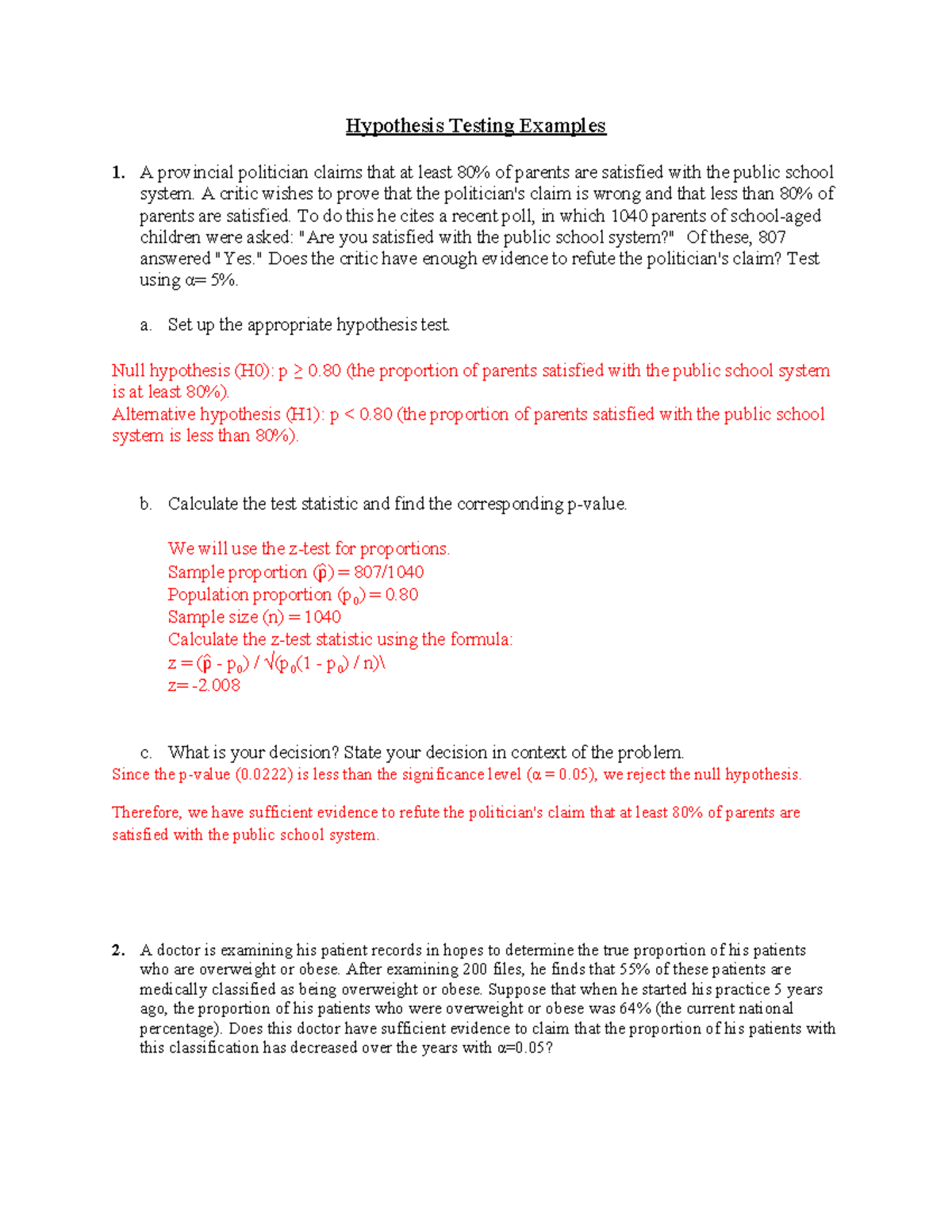 8 Hyp Testing 1-Sample - HW FOR 1100 - Hypothesis Testing Examples 1. A ...