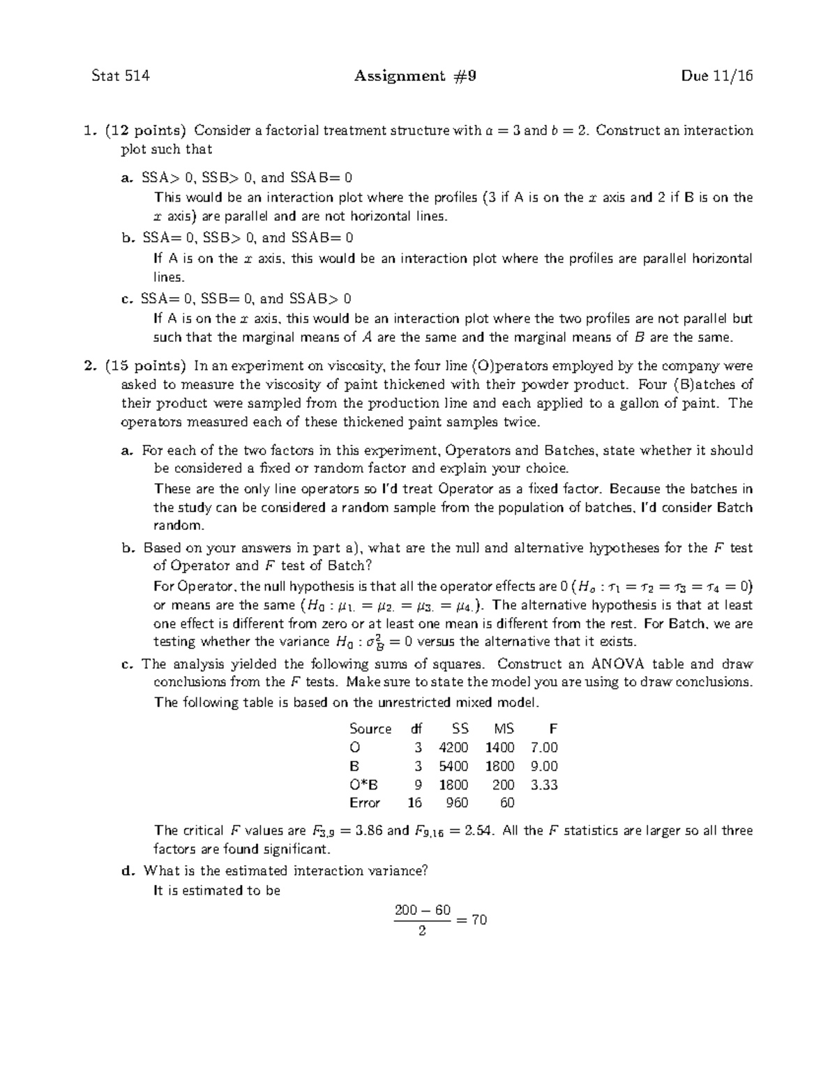 Hw9a - Very Helpful - Stat 514 Assignment #9 Due 11/ (12 Points ...