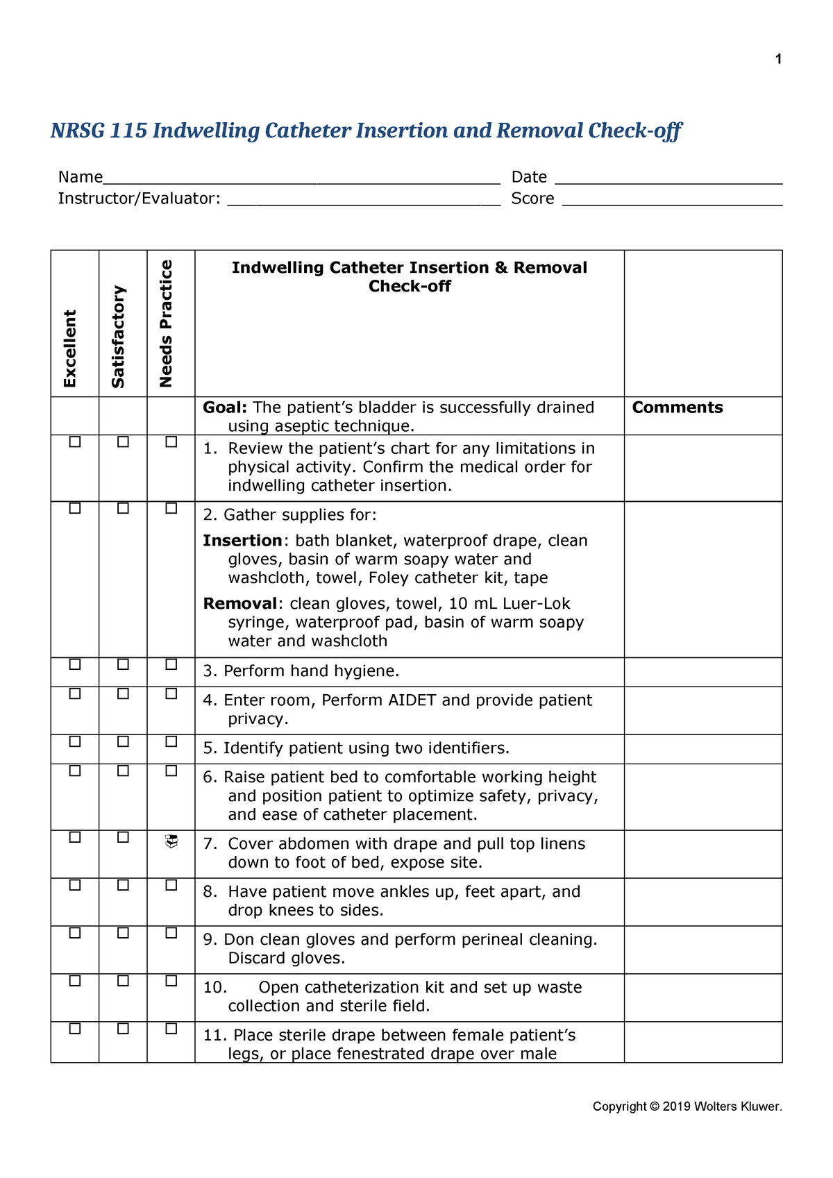 Indwelling Catheter and removal checkoff - 1 NRSG 115 Indwelling ...