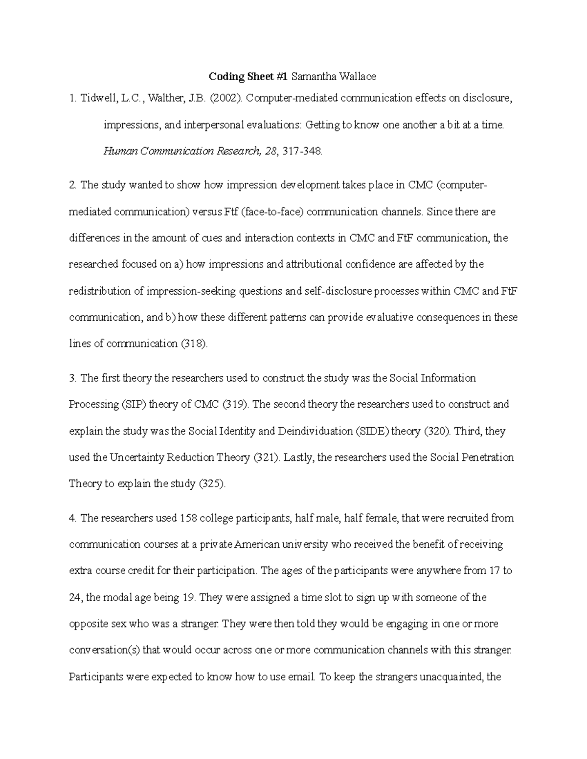 Coding Sheet #1 - Grade: A - Coding Sheet #1 Samantha Wallace 1 ...