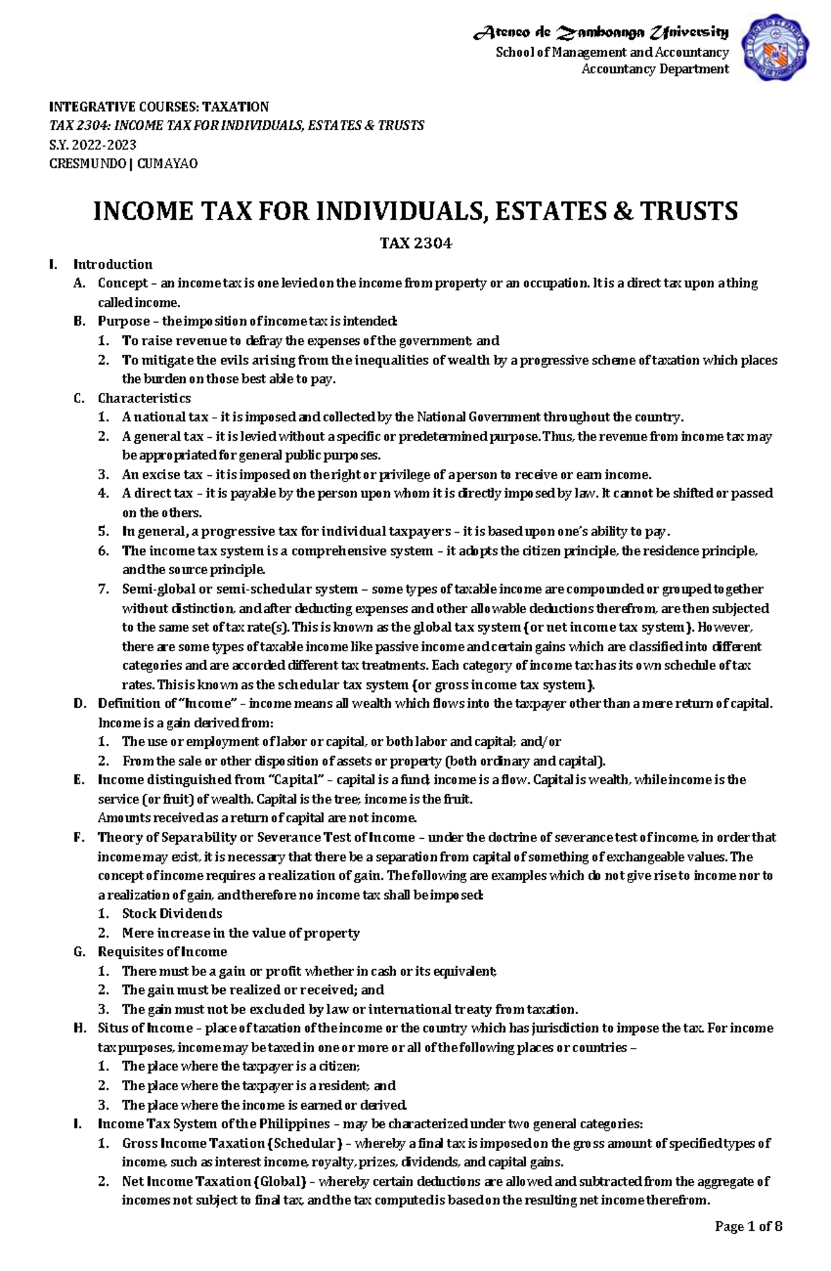 TAX 2304 Tax for Individuals, Trusts and Estates School of