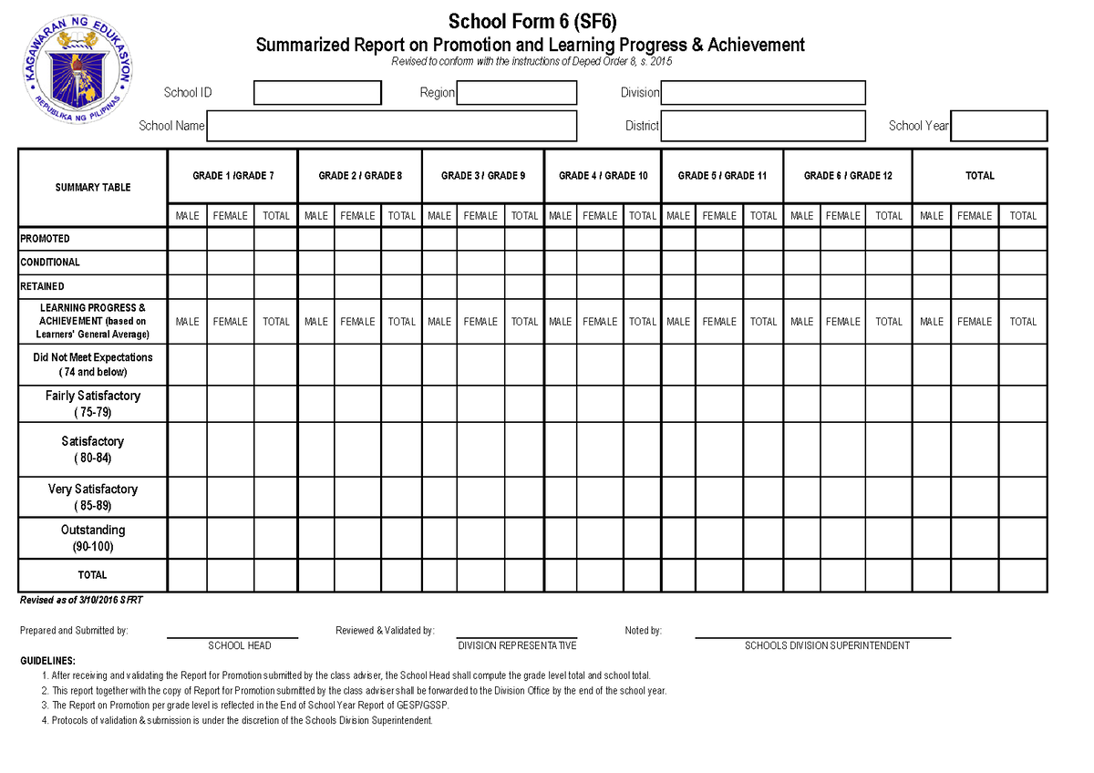 SF 6 Summarized Report On Promotion And Learning Progress Achievement ...