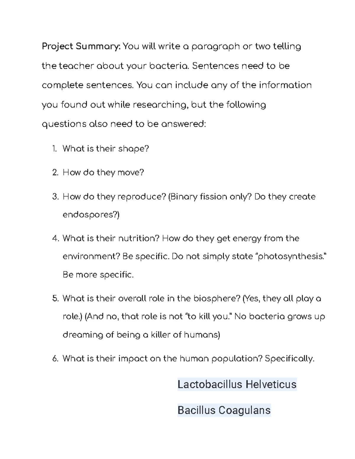 Bacteria Writing Assignment - Project Summary: You will write a ...