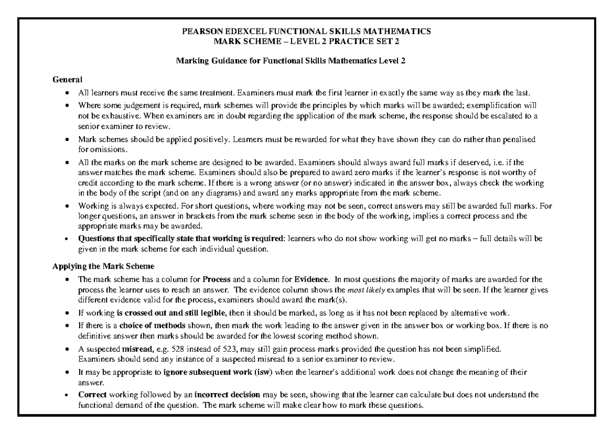 Edexcel Functional Skills Maths Level 2 Mark Scheme - MARK SCHEME ...
