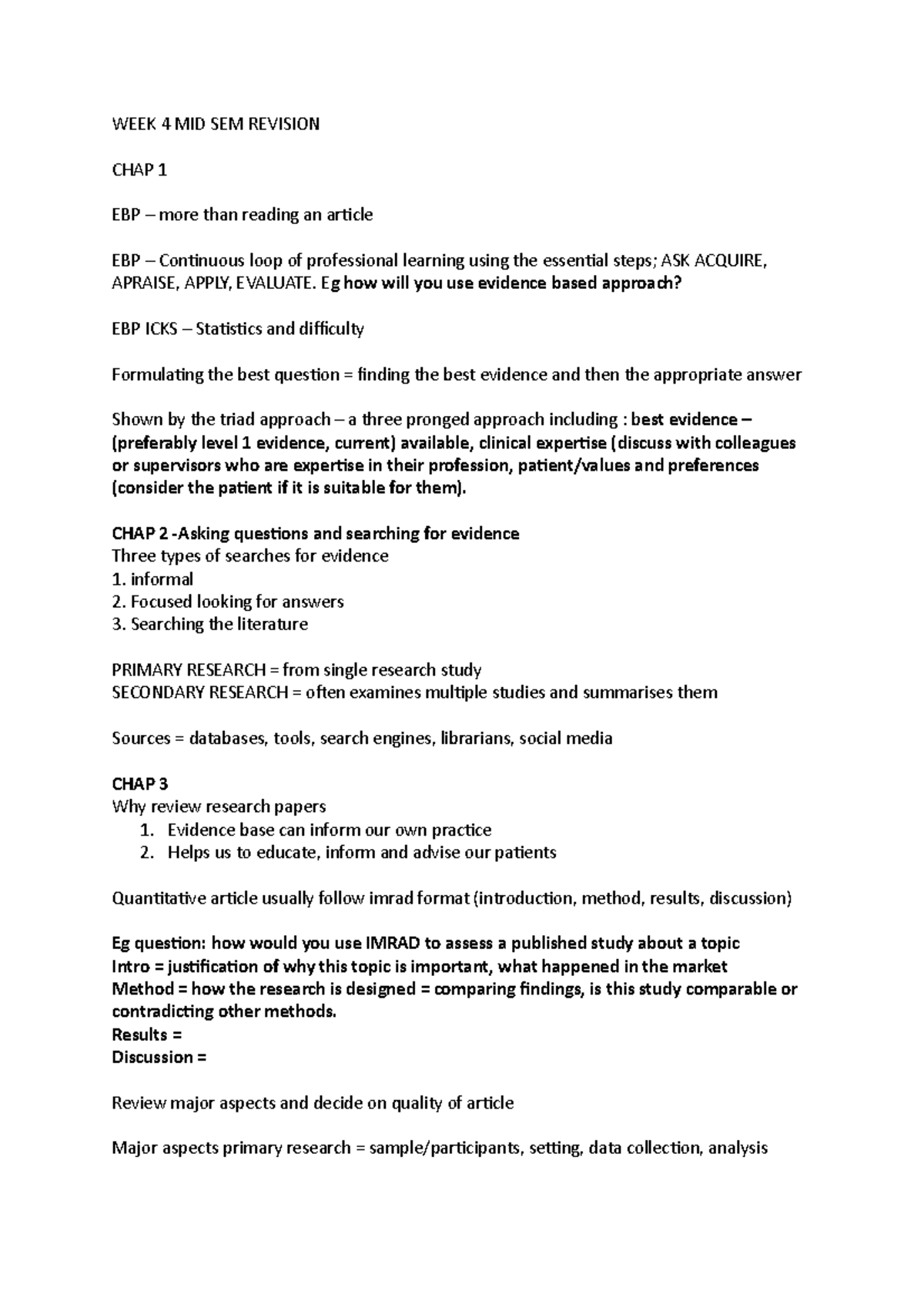 WEEK 4 MID SEM Revision WEEK 4 MID SEM REVISION CHAP 1 EBP more