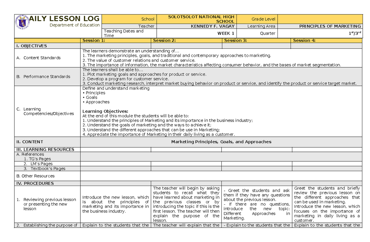 PM Quarter 1 WEEK 1 - DAILY LESSON - DAILY LESSON LOG Department of ...