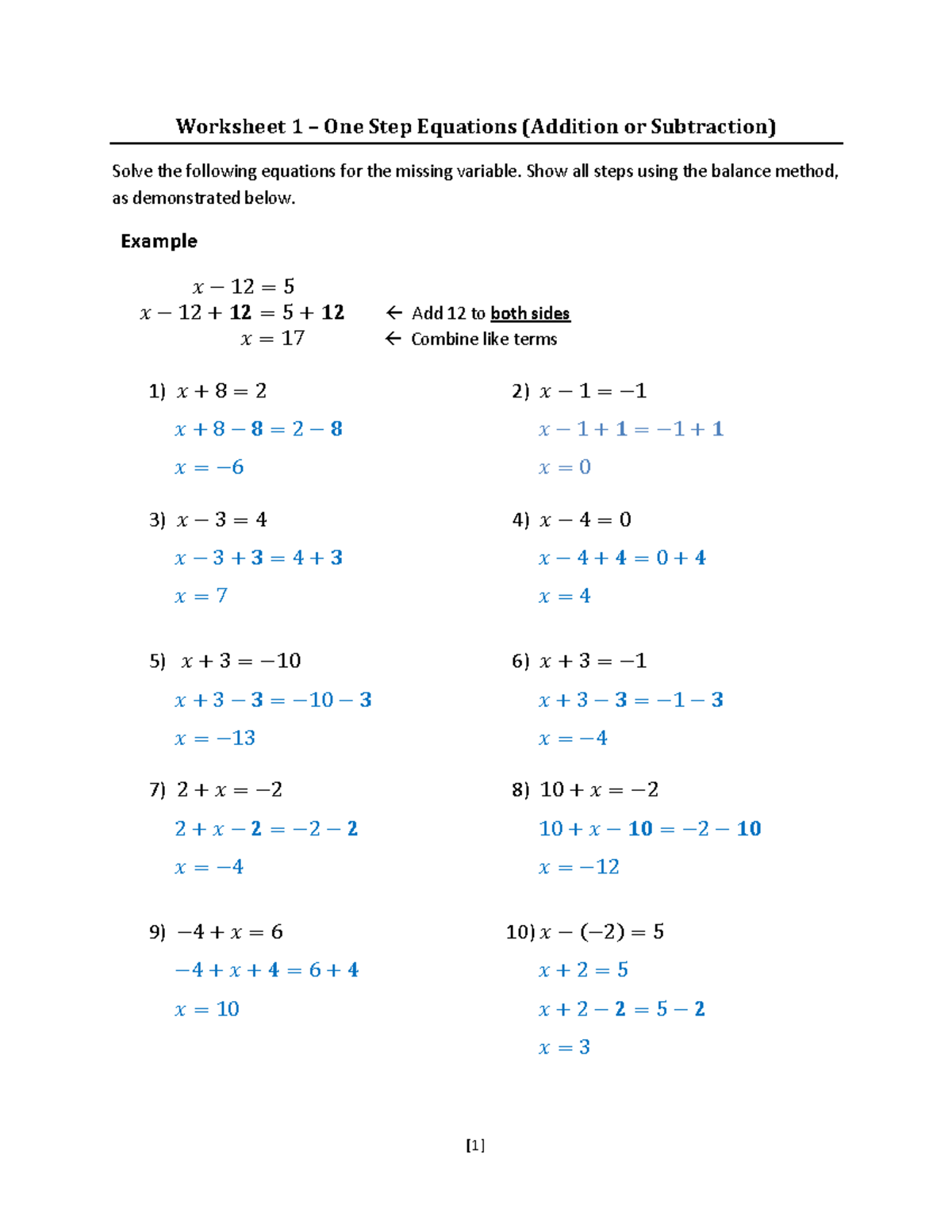 Worksheets - Week 6 - 1 Solving one-step equations Solutions ...