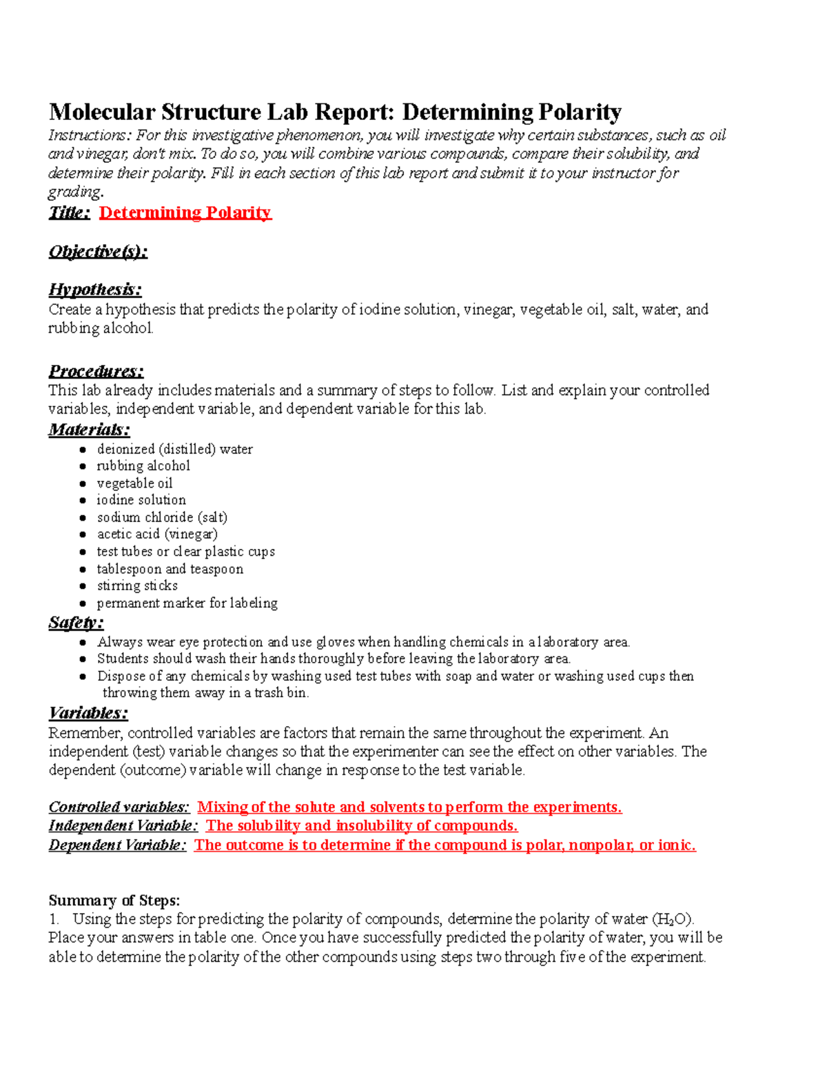 03.05 Molecular Structure Lab Report Determining Polarity - To do so ...