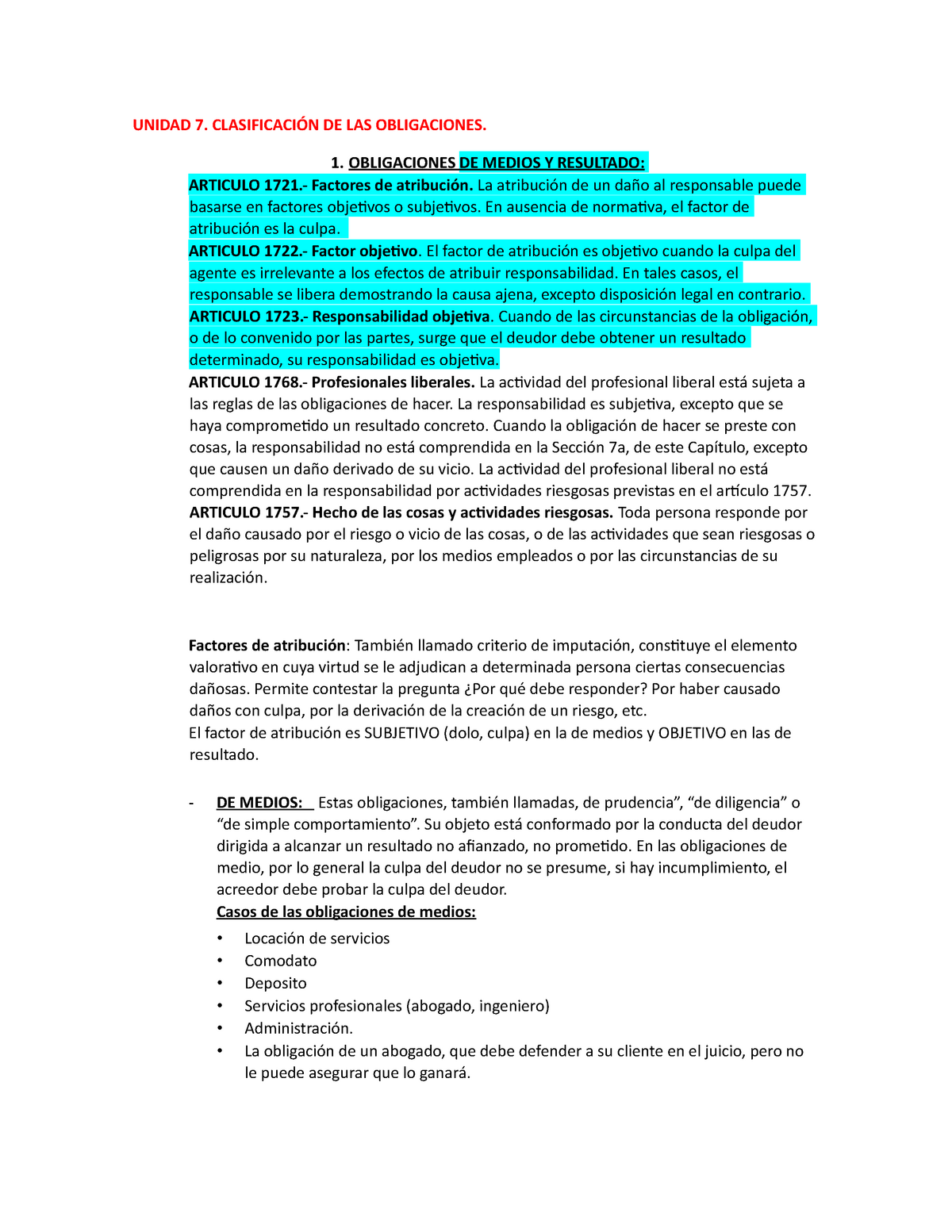 Unidad 7 Unidad 7 ClasificaciÓn De Las Obligaciones 1 Obligaciones De Medios Y Resultado 4600