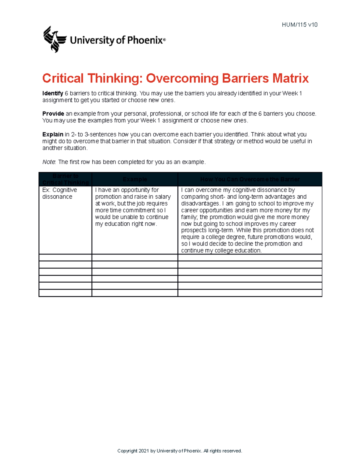 Hum115 V10 Wk3 Critical Thinking Overcoming Barriers Matrix - HUM/115 V ...