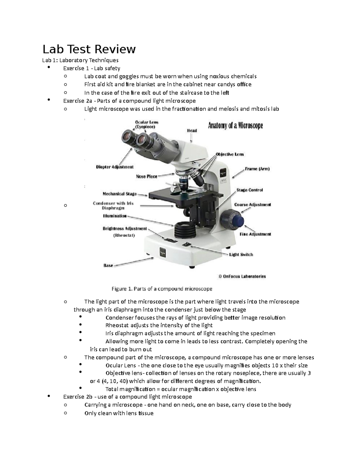 BIO Lab Test Review - Lab Test Review Lab 1: Laboratory Techniques ...