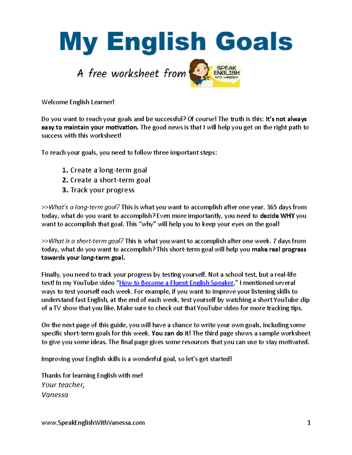 Pdfcoffee.com free-english-goals-worksheet-speak-english-with-vanessa ...