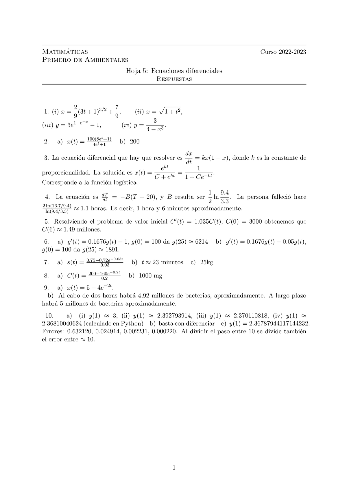 Hoja5 Respuestas Matem ́aticas Curso 2022 Primero De Ambientales Hoja 5 Ecuaciones
