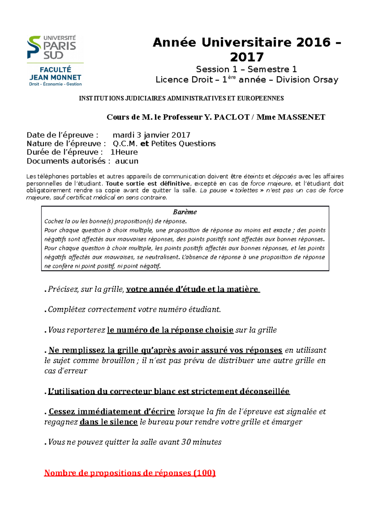 Qcm Institutions Juridictionnelles L1 Droit QCM Partiel IAJE - Année Universitaire 2016 – 2017 Session 1 – Semestre 1  Licence Droit – 1ère année - Studocu