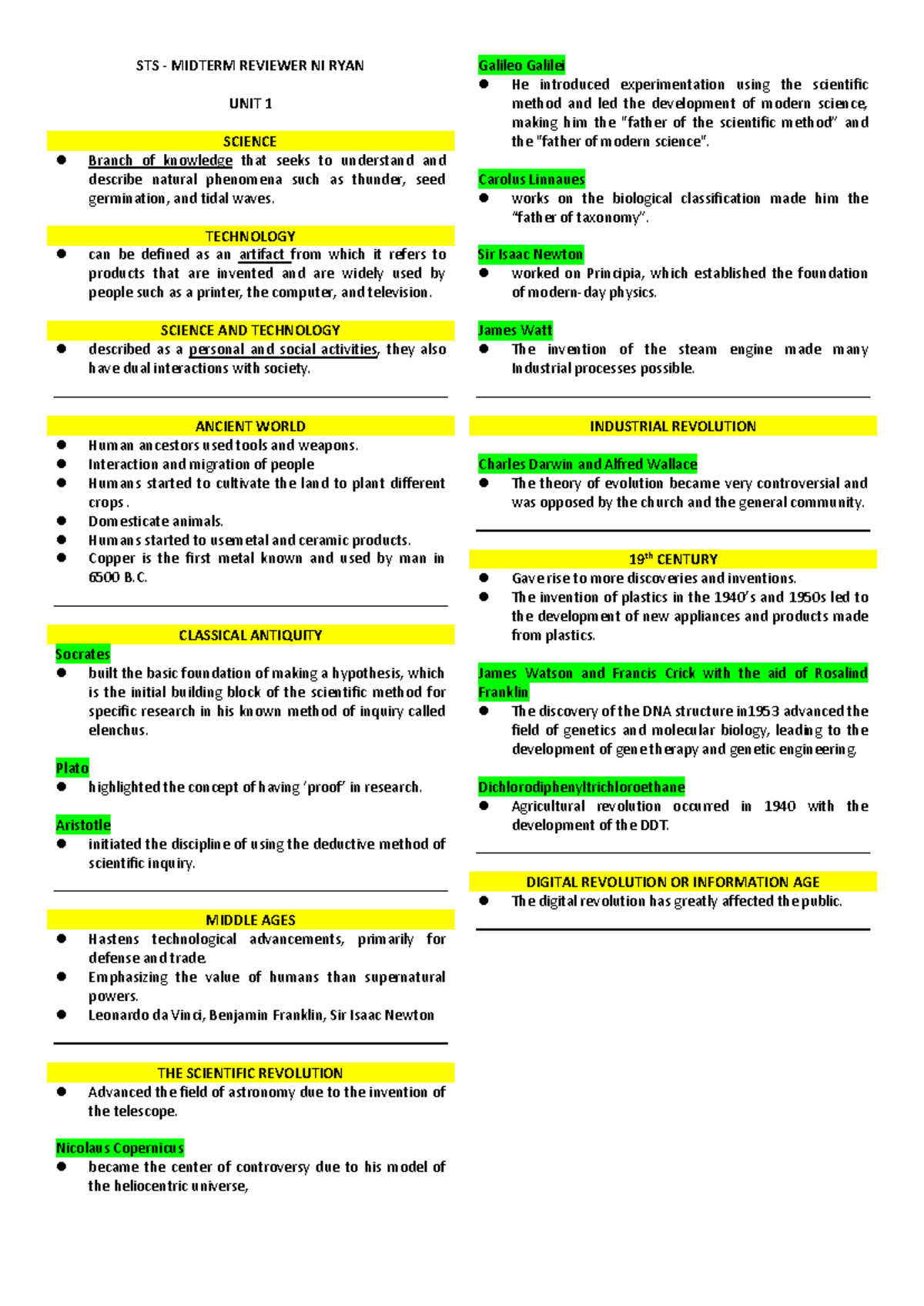 Science, Technology, and Society - STS - MIDTERM REVIEWER NI RYAN UNIT ...