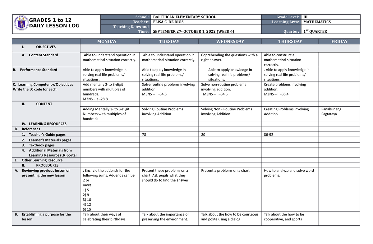 DLL Quarter 1 Week 6 Mathematics 3 - GRADES 1 to 12 DAILY LESSON LOG ...