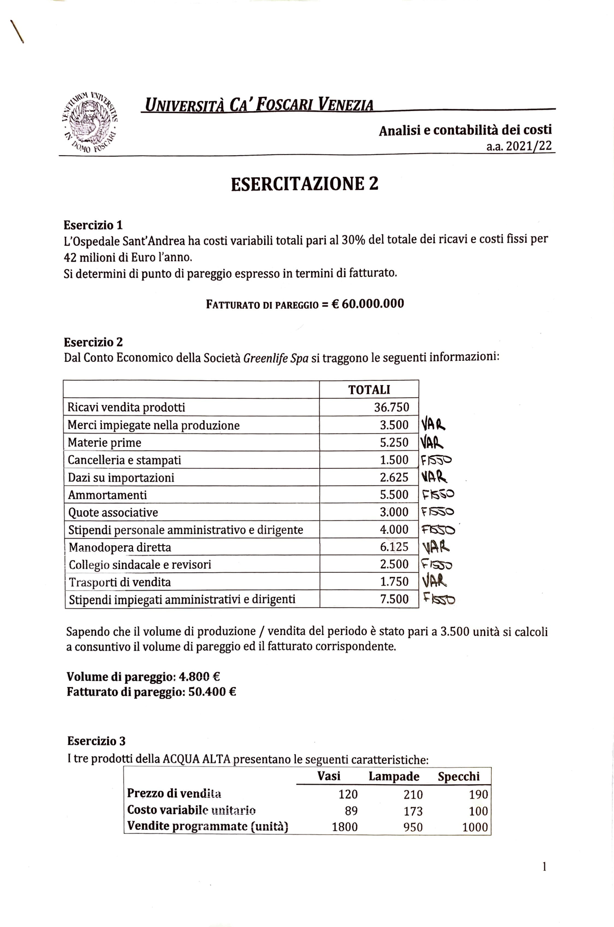 Simulazione Esame Analisi Contabilità Dei Costi Università Ca' Foscari ...