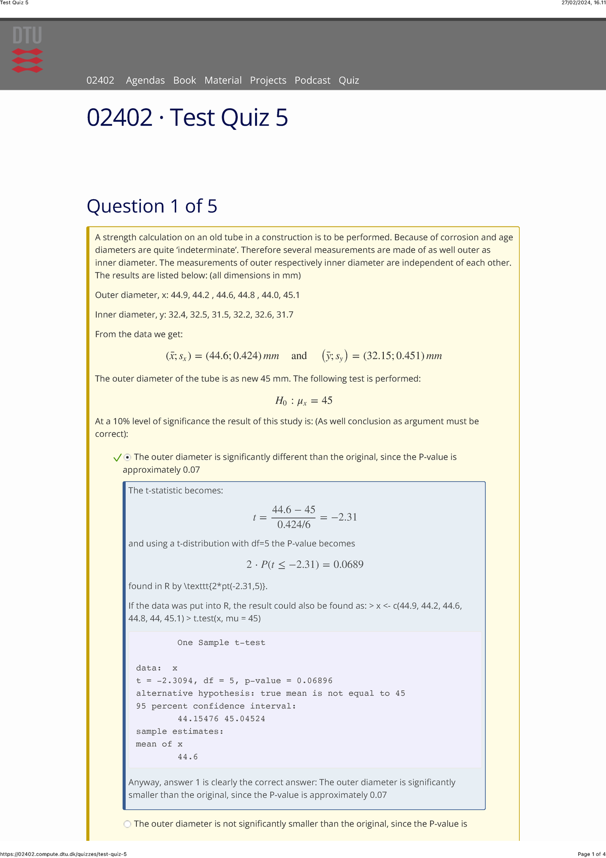 Test Quiz 5 - Svar til Quiz 5 - 02402 · Test Quiz 5 Question 1 of 5 A ...