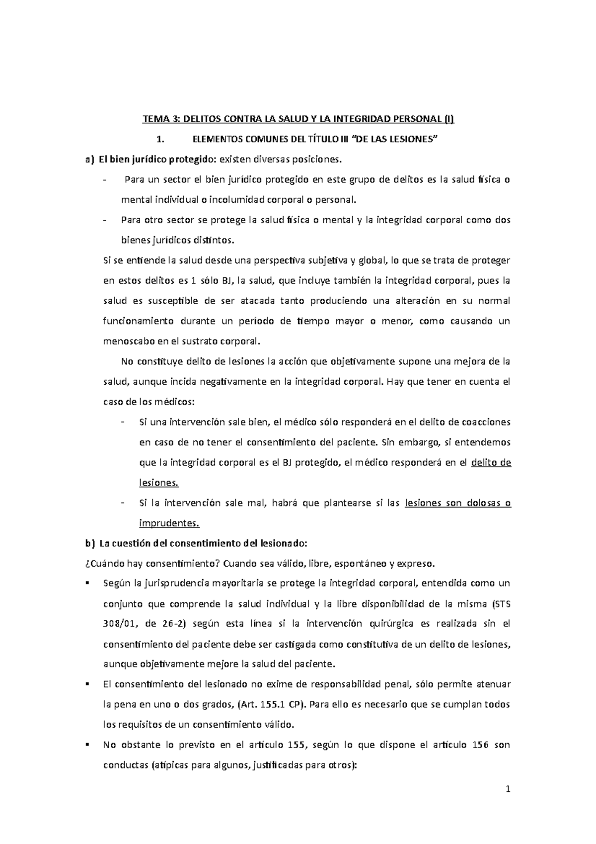 Tema3 - Apuntes 3 - TE MA 3: DELITOS CONTRA LA SALUD Y LA INTEGRIDAD ...