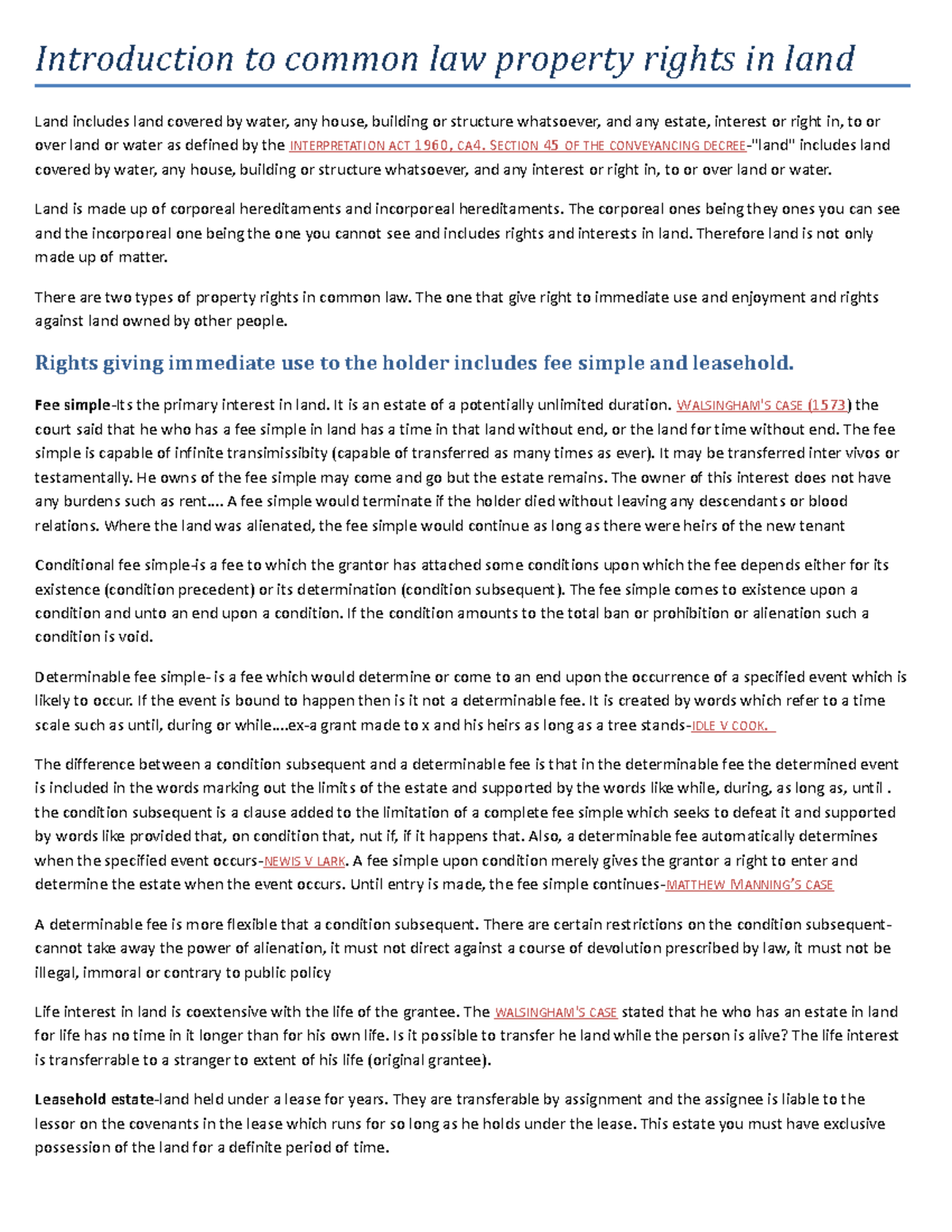 Land law exam notes Introduction to common law property rights in