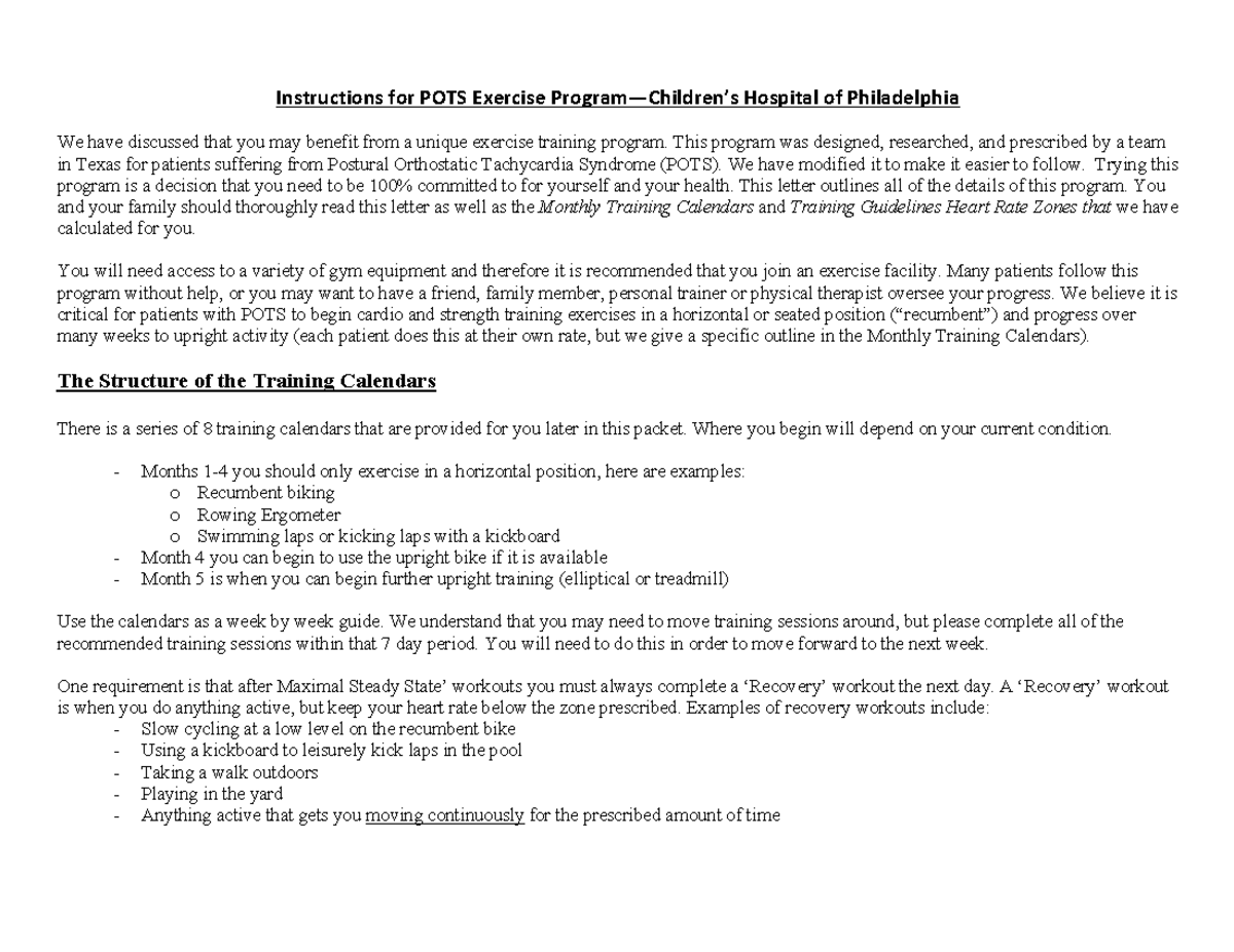 CHOP Modified Dallas POTS Exercise Program Instructions for POTS