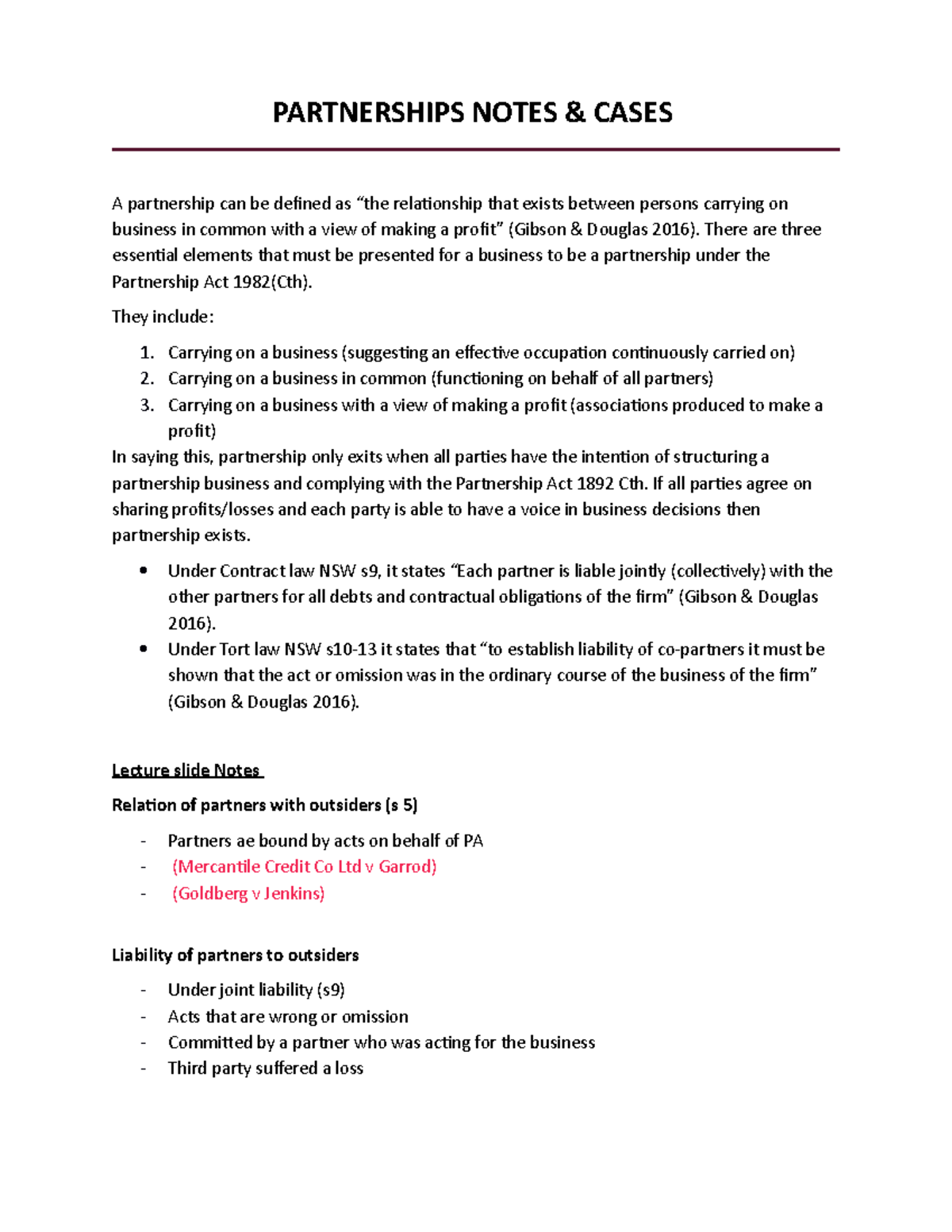 Partnerships Cases Notes 200183 Law Of Business Organisations Studocu