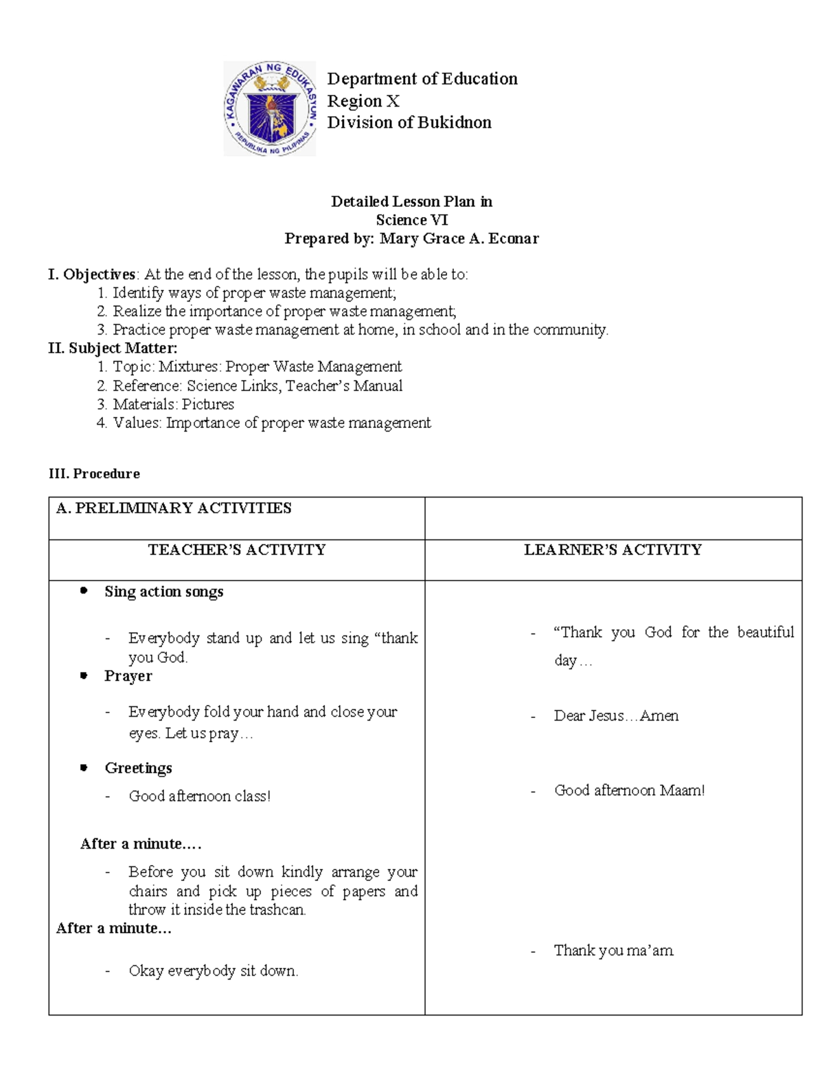 Detailed lesson plan in science - Department of Education Region X ...