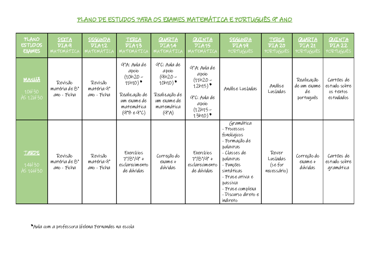 Plano Estudos Exames alunos - PLANO DE ESTUDOS PARA OS EXAMES ...