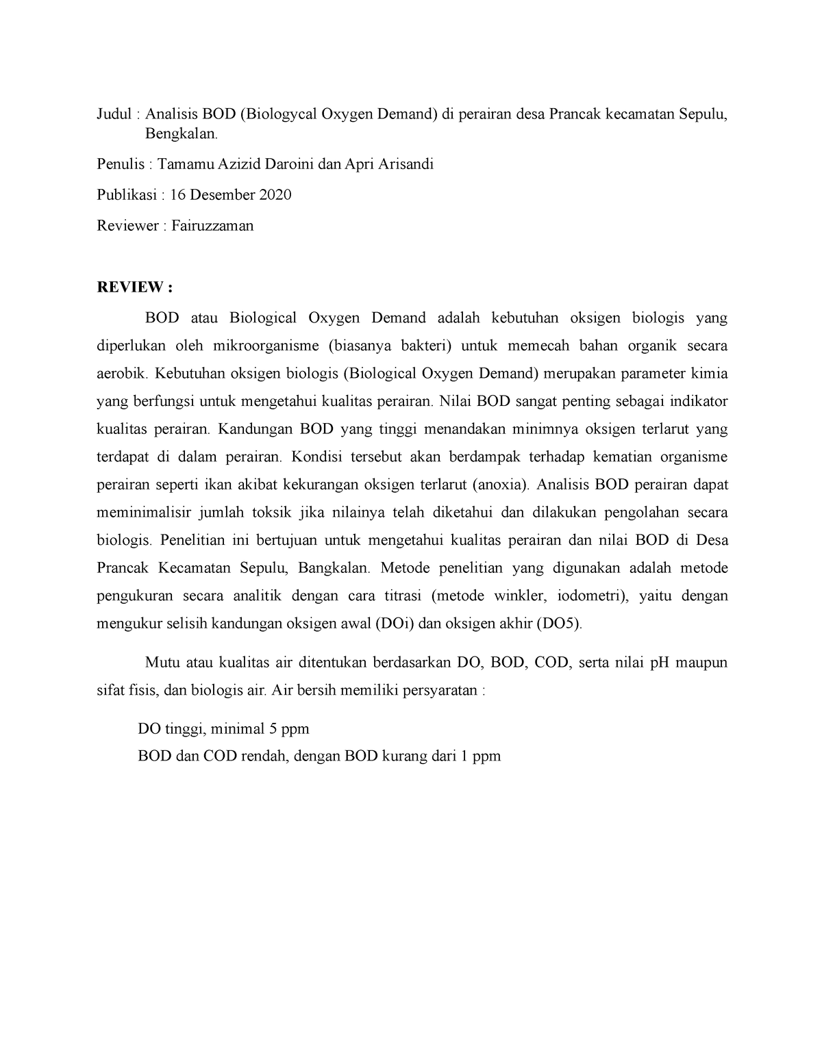 Oseanografi Kimiawi Review Jurnal Analisis Bod Biologycal Oxygen Demand Di Perairan Desa