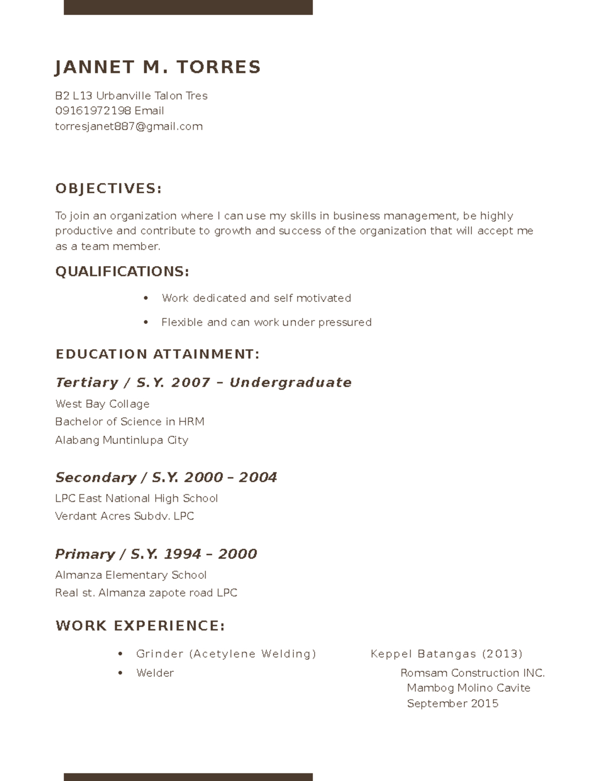 Resume-2 - Activity - JANNET M. TORRES B2 L13 Urbanville Talon Tres ...