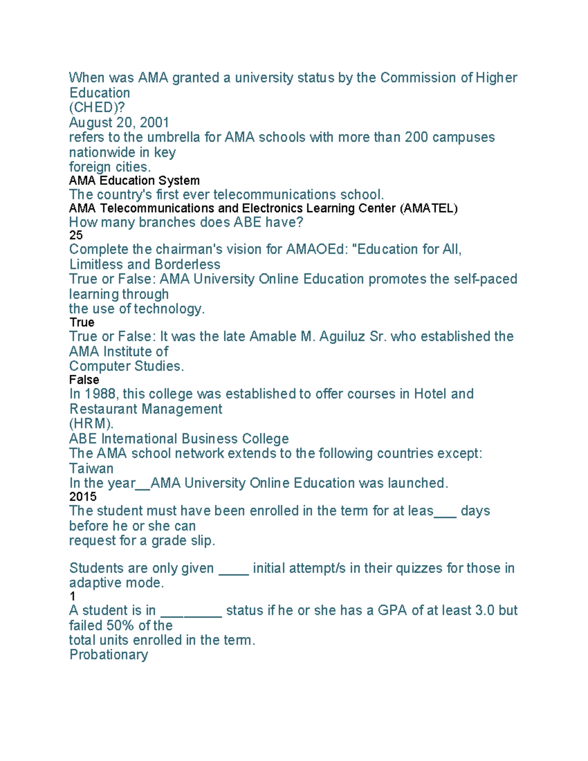 euthenics prelim mid - When was AMA granted a university status by the ...