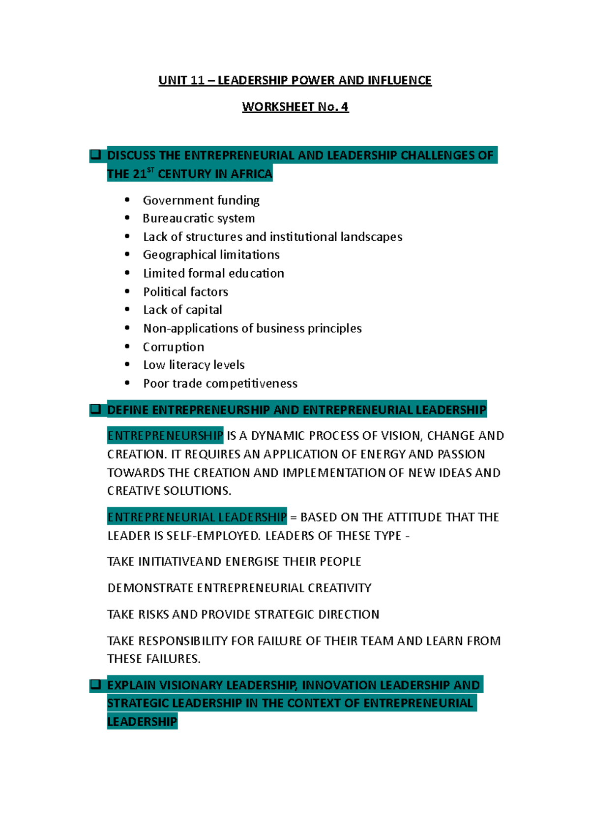 Revision Worksheet 4 - Practice Material - UNIT 11 – LEADERSHIP POWER ...