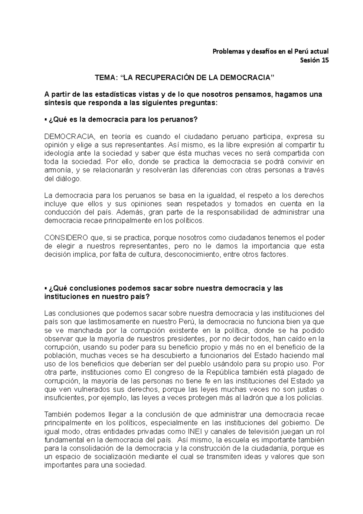 S015 Recuperación De La Democracia Problemas Y Desafíos En El Perú Actual Sesión 15 Tema “la 9308