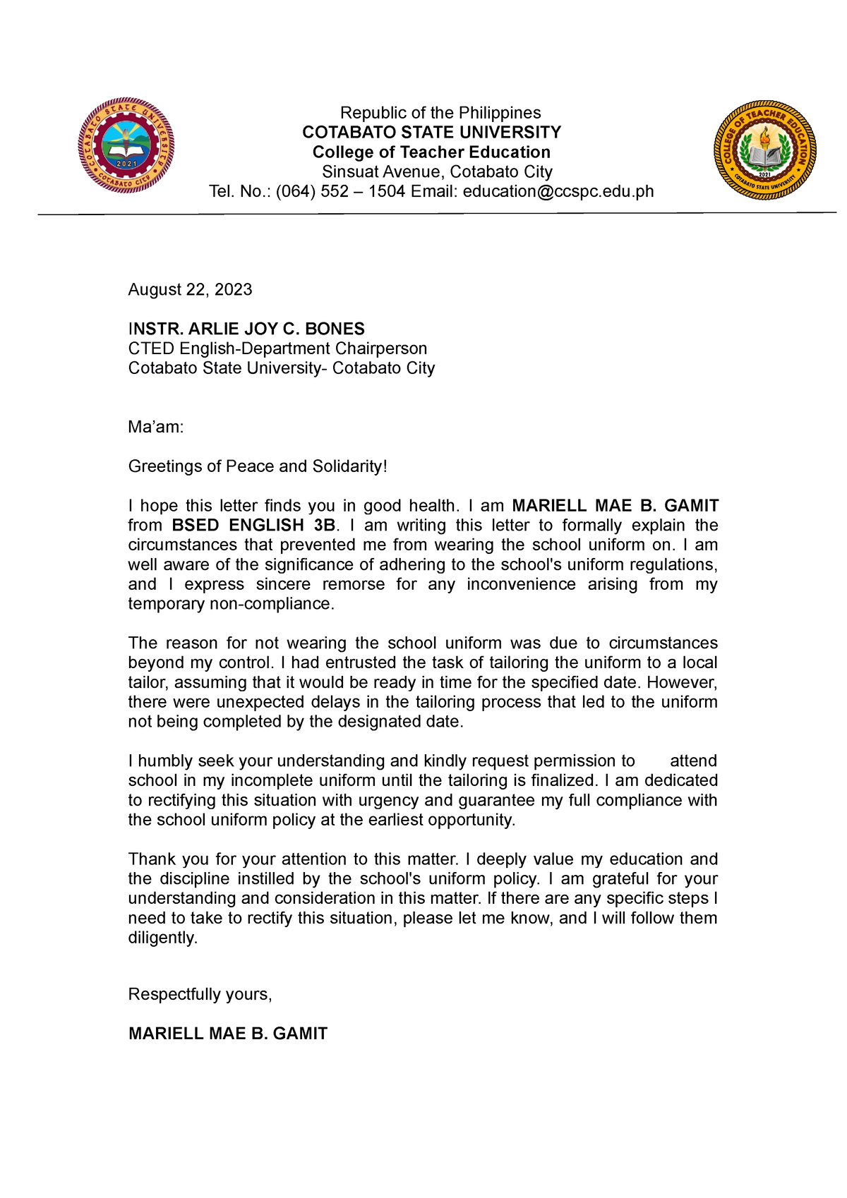 Excuse Letter - Republic of the Philippines COTABATO STATE UNIVERSITY ...