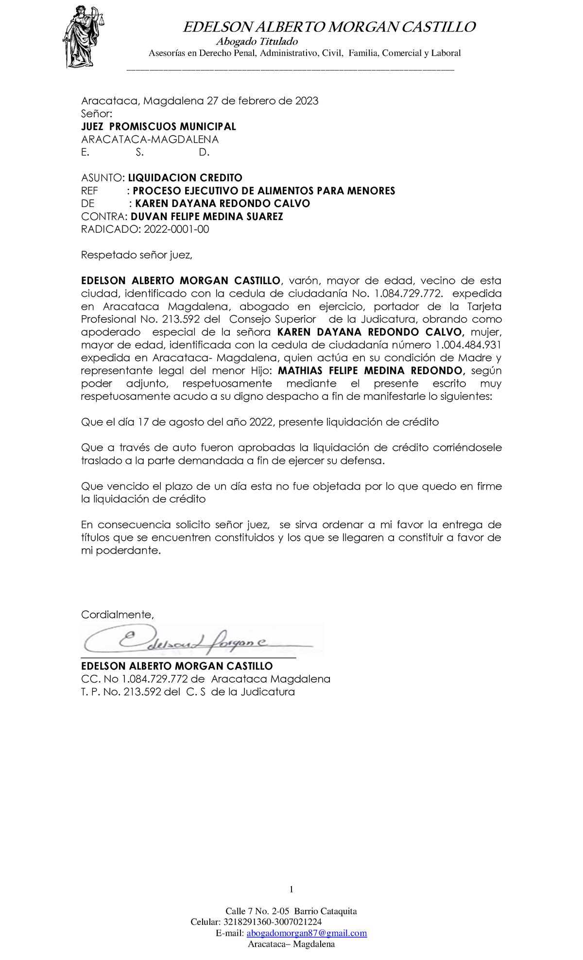 Solicitud DE Entrega DE Titulo Judicial Karen Redondo - EDELSON ALBERTO ...