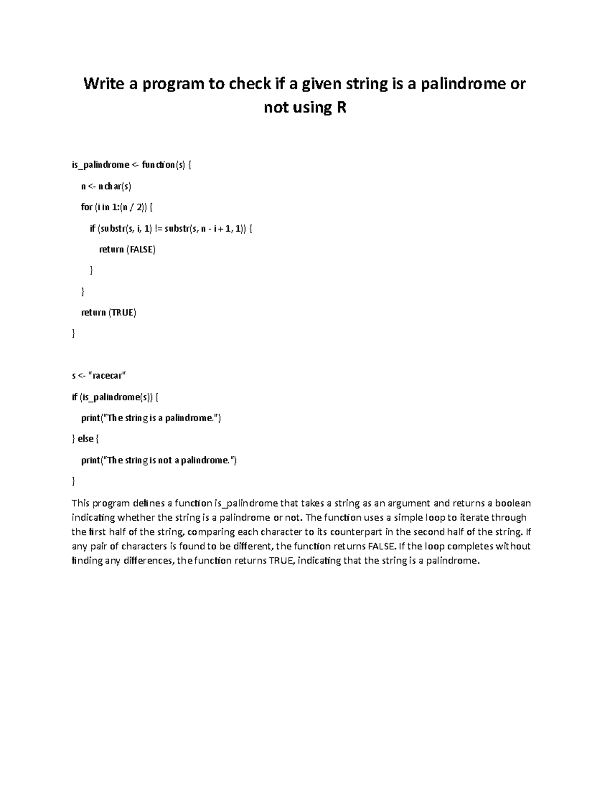 Using R - Write a program to check if a given string is a palindrome or ...
