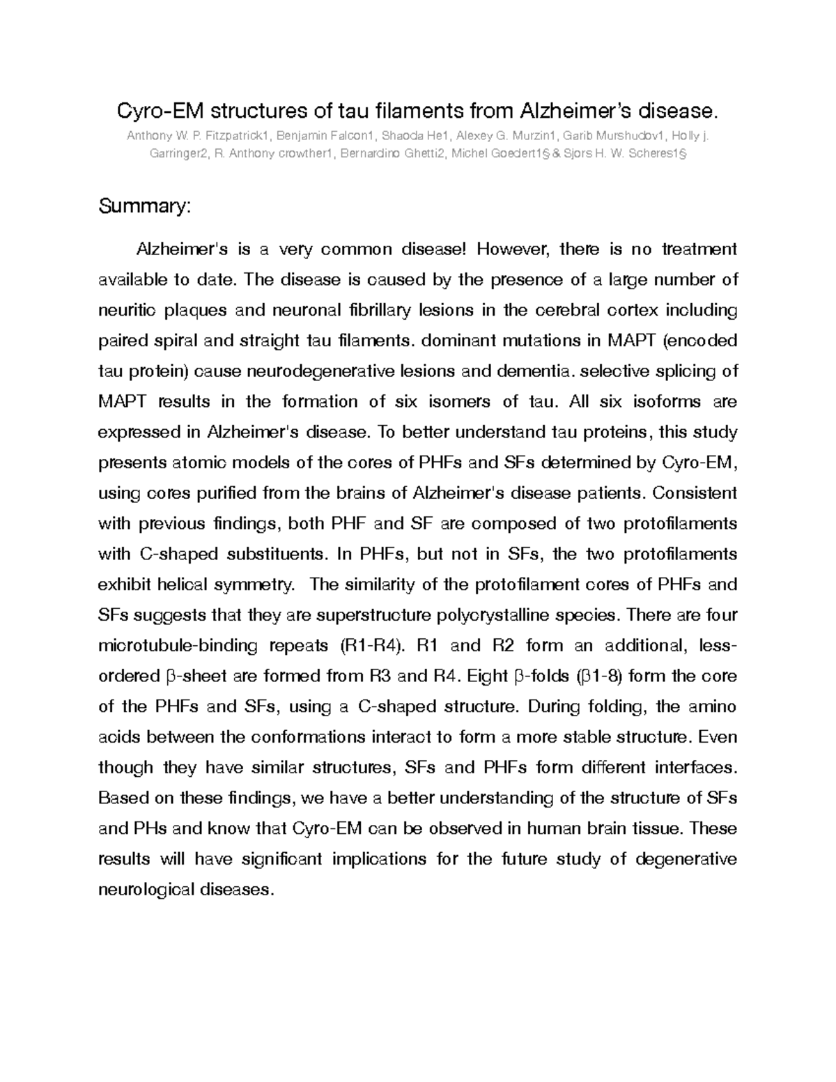 Artical 1 - Summary - Cyro-EM structures of tau filaments from ...