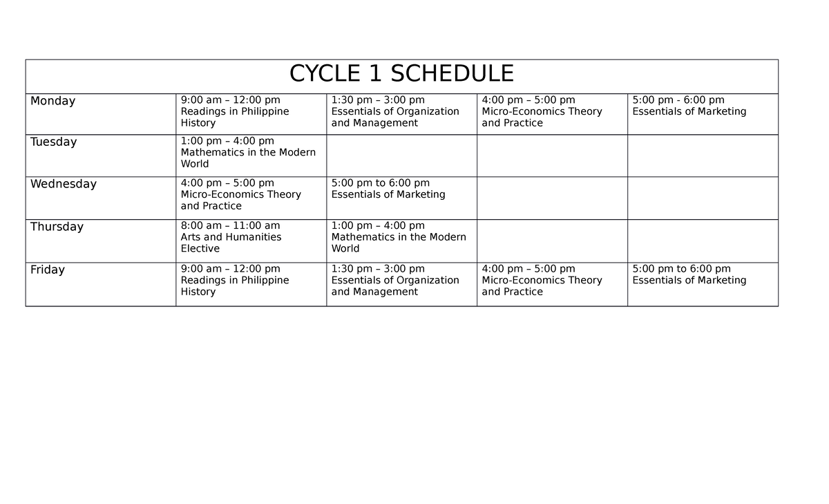 1st and 2nd Cycle Schedule - CYCLE 1 SCHEDULE Monday 9:00 am – 12:00 pm ...
